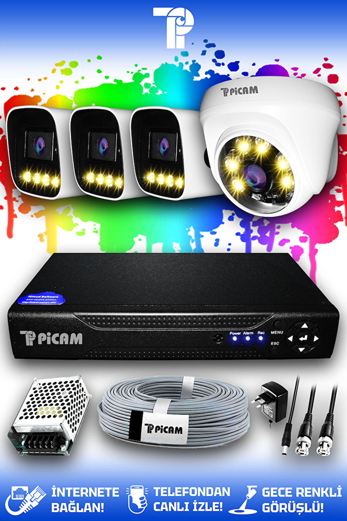 PICAM 4 Kameralı Zebra 1 İç Kamera Set HDD'siz Full HD Renkli Gece Görüşlü Güvenlik Kamerası Sistemi