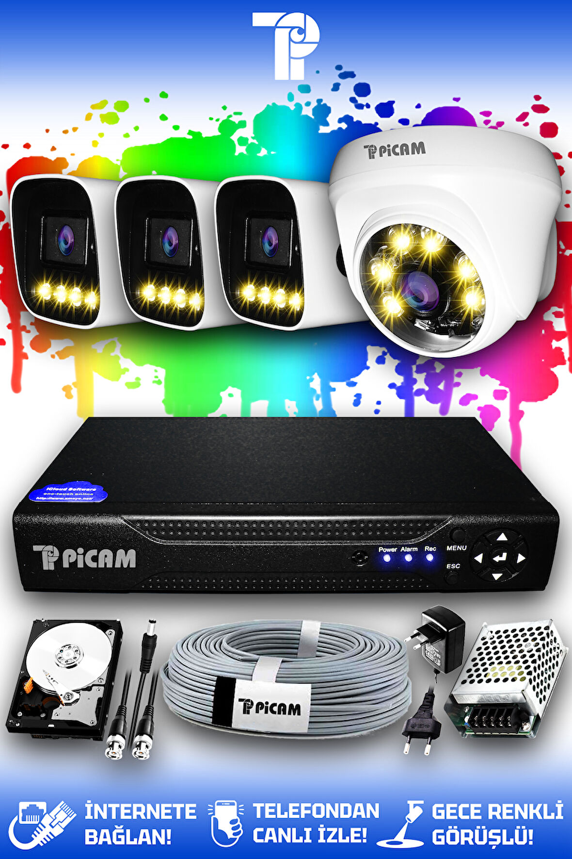 PICAM 4 Kameralı Zebra 1 İç Kamera Set 100 GB HDD Full HD Renkli Gece Görüşlü Güvenlik Kamerası Sistemi