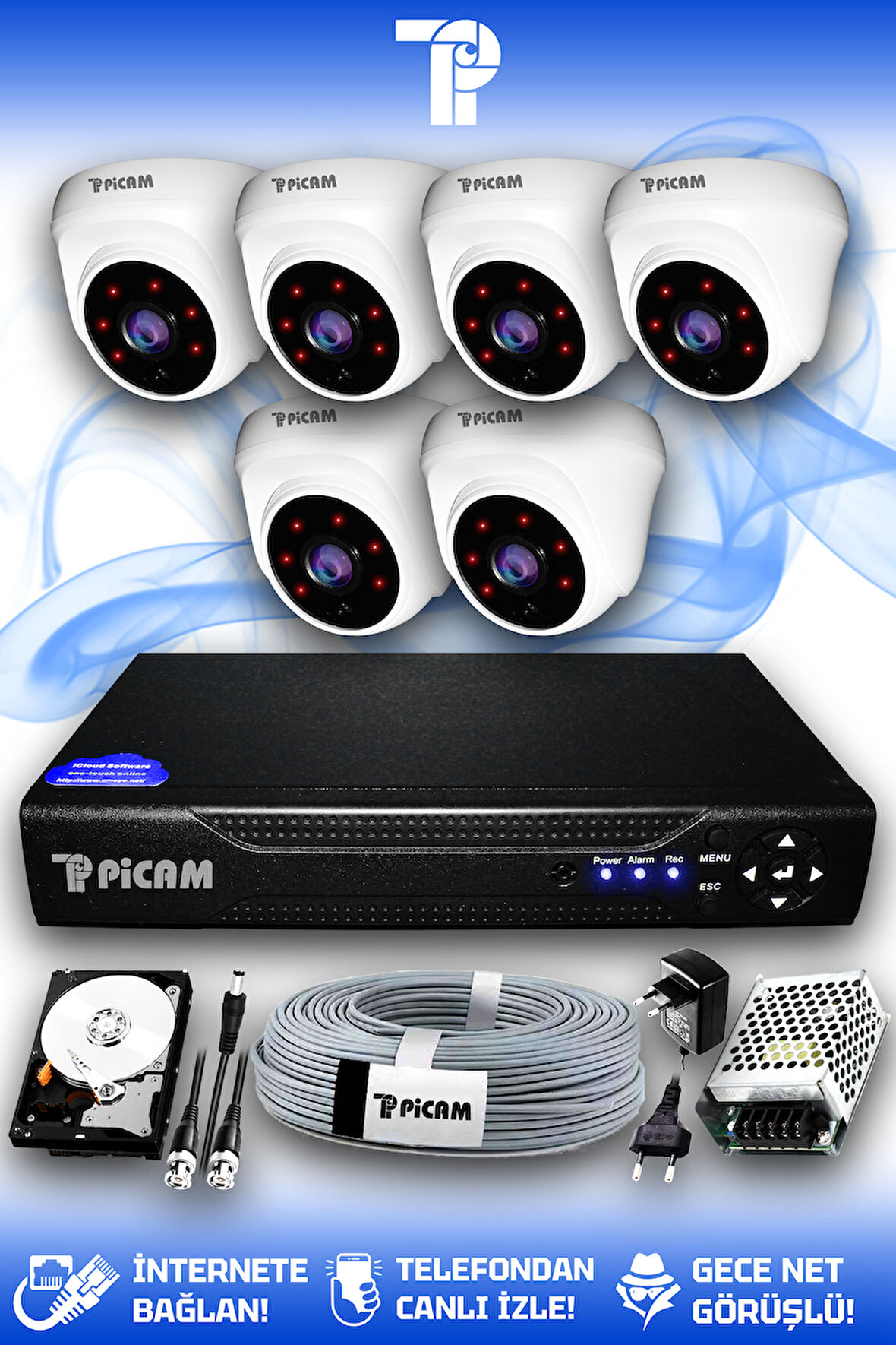 PICAM 6 Kameralı Dome 6 İç Kamera Set 100 GB HDD Full HD Gece Görüşlü Güvenlik Kamerası Sistemi