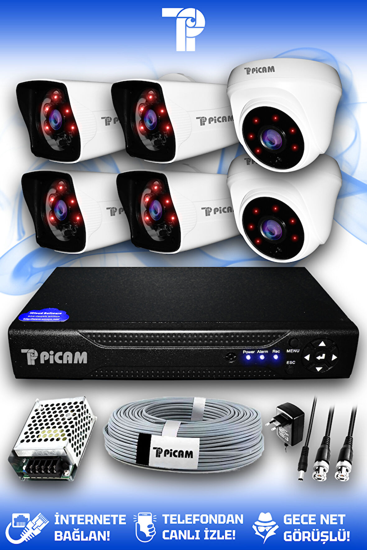 PICAM 6 Kameralı Kare 2 İç Kamera Set HDD'siz Full HD Gece Görüşlü Güvenlik Kamerası Sistemi
