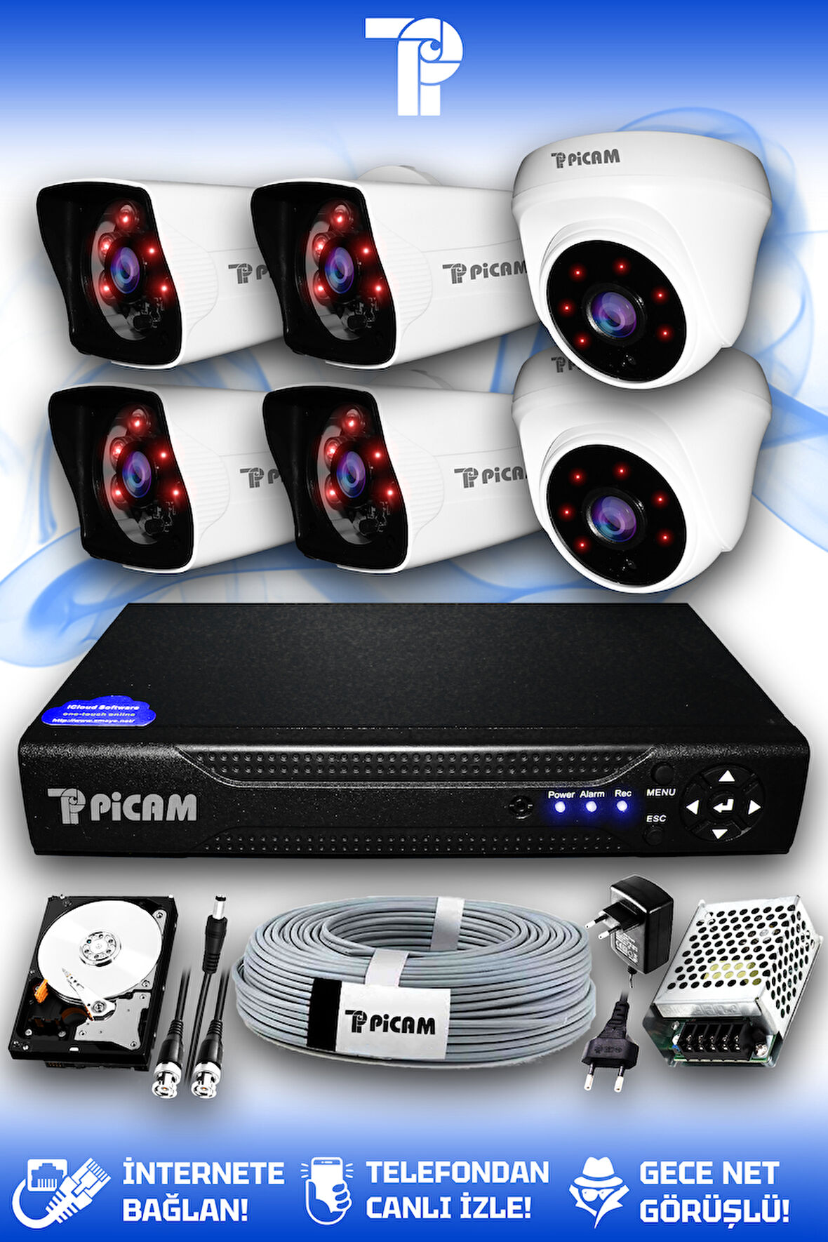 PICAM 6 Kameralı Kare 2 İç Kamera Set 100 GB HDD Full HD Gece Görüşlü Güvenlik Kamerası Sistemi
