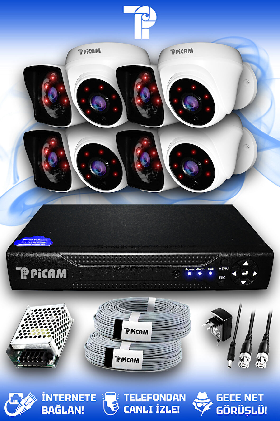 PICAM 8 Kameralı Kare 4 İç Kamera Set HDD'siz Full HD Gece Görüşlü Güvenlik Kamerası Sistemi