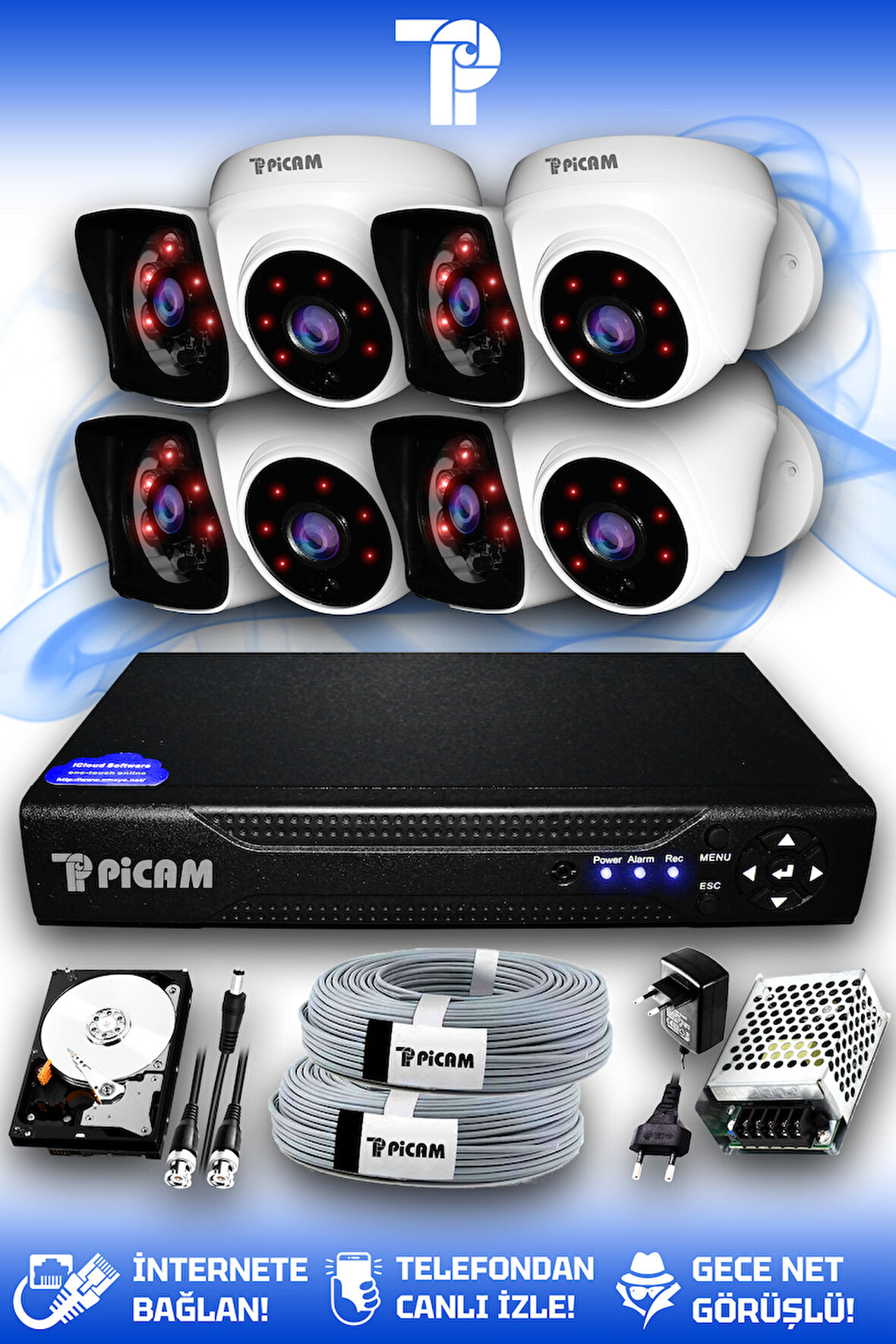 PICAM 8 Kameralı Kare 4 İç Kamera Set 100 GB HDD Full HD Gece Görüşlü Güvenlik Kamerası Sistemi