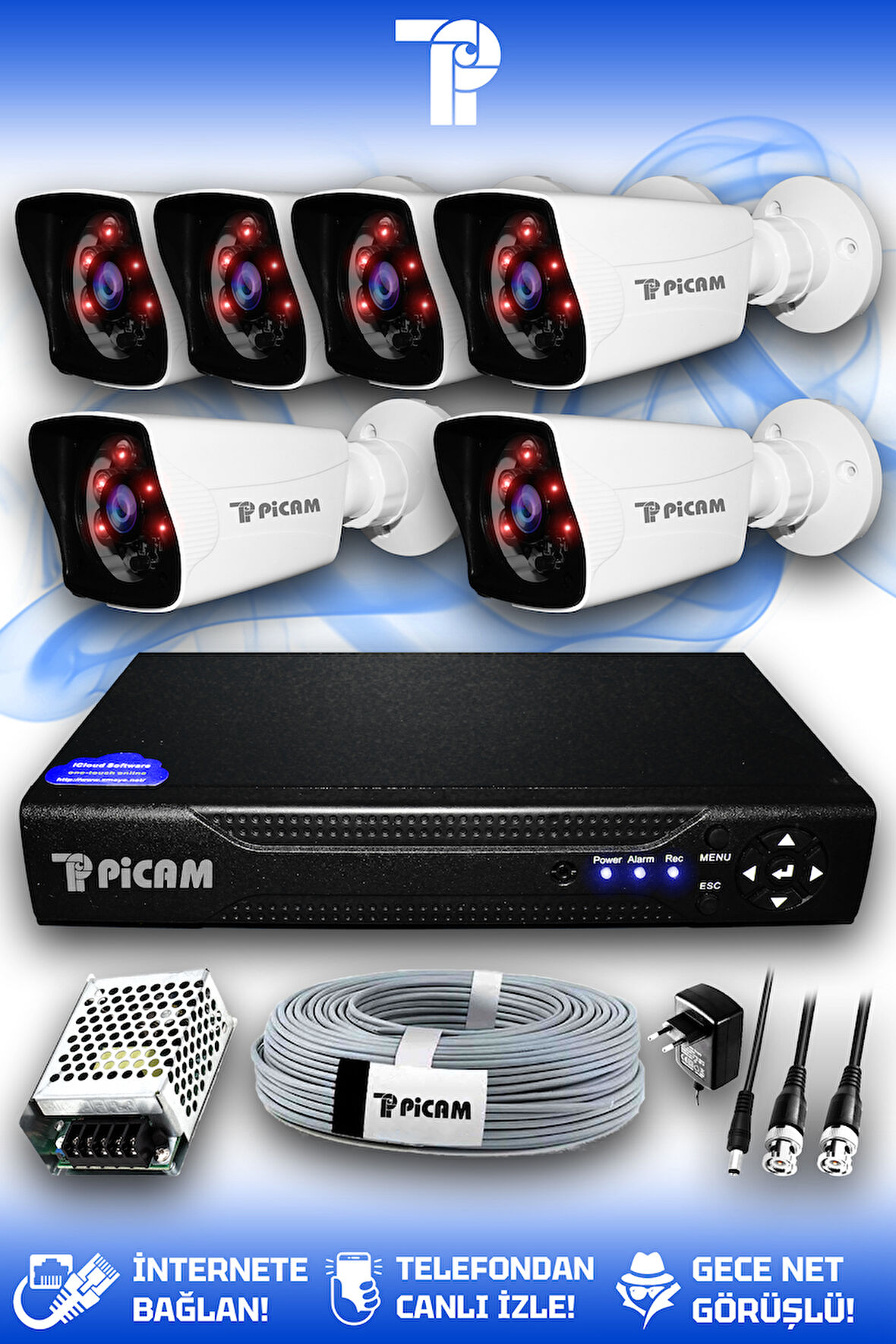 PICAM 6 Kameralı Kare 6 Dış Kamera Set HDD'siz Full HD Gece Görüşlü Güvenlik Kamerası Sistemi