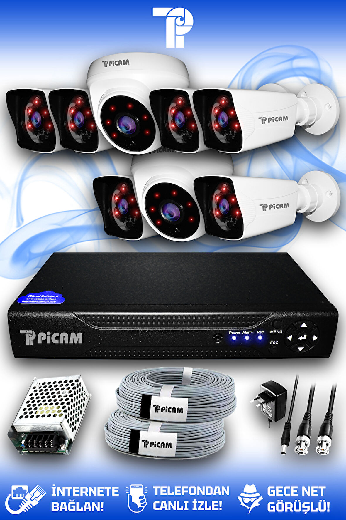 PICAM 8 Kameralı Kare 2 İç Kamera Set HDD'siz Full HD Gece Görüşlü Güvenlik Kamerası Sistemi