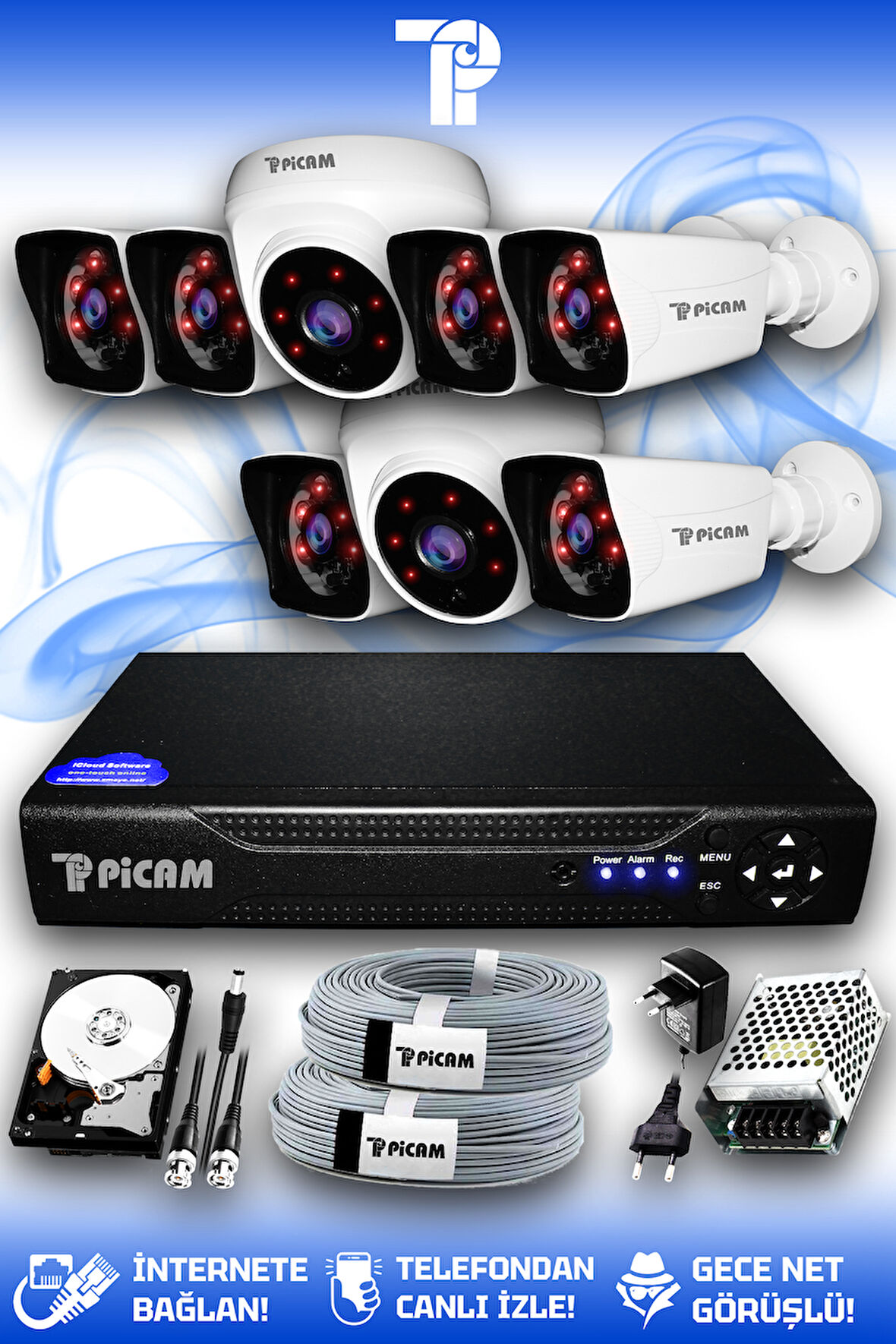 PICAM 8 Kameralı Kare 2 İç Kamera Set 100 GB HDD Full HD Gece Görüşlü Güvenlik Kamerası Sistemi
