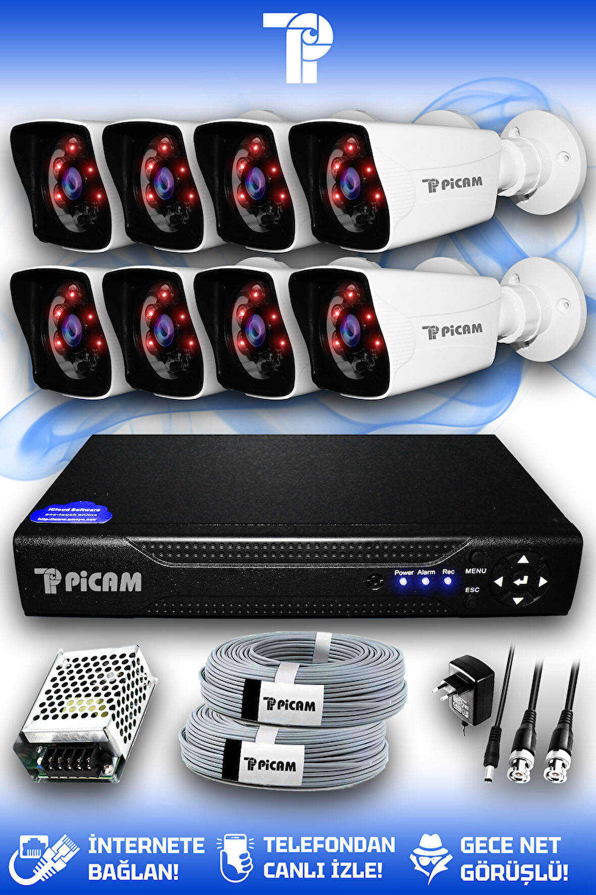 PICAM 8 Kameralı Kare 8 Dış Kamera Set HDD'siz Full HD Gece Görüşlü Güvenlik Kamerası Sistemi