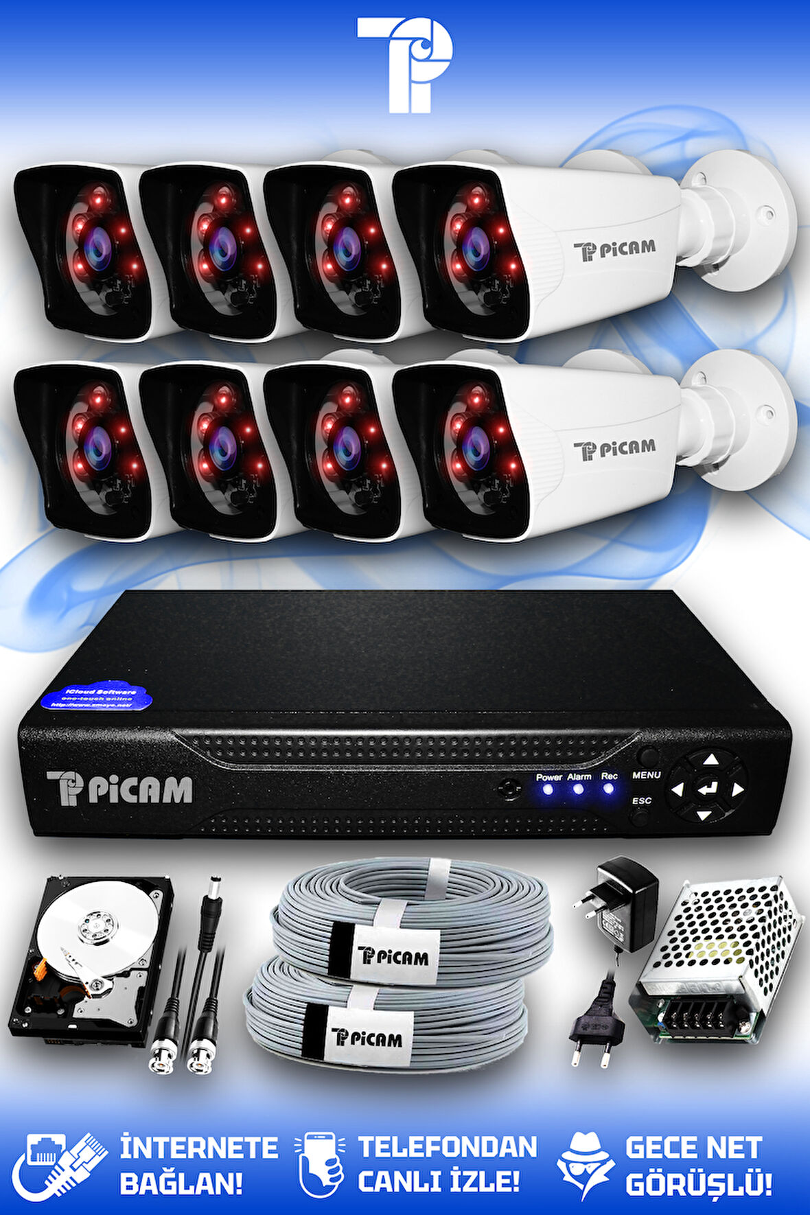 PICAM 8 Kameralı Kare 8 Dış Kamera Set 100 GB HDD Full HD Gece Görüşlü Güvenlik Kamerası Sistemi