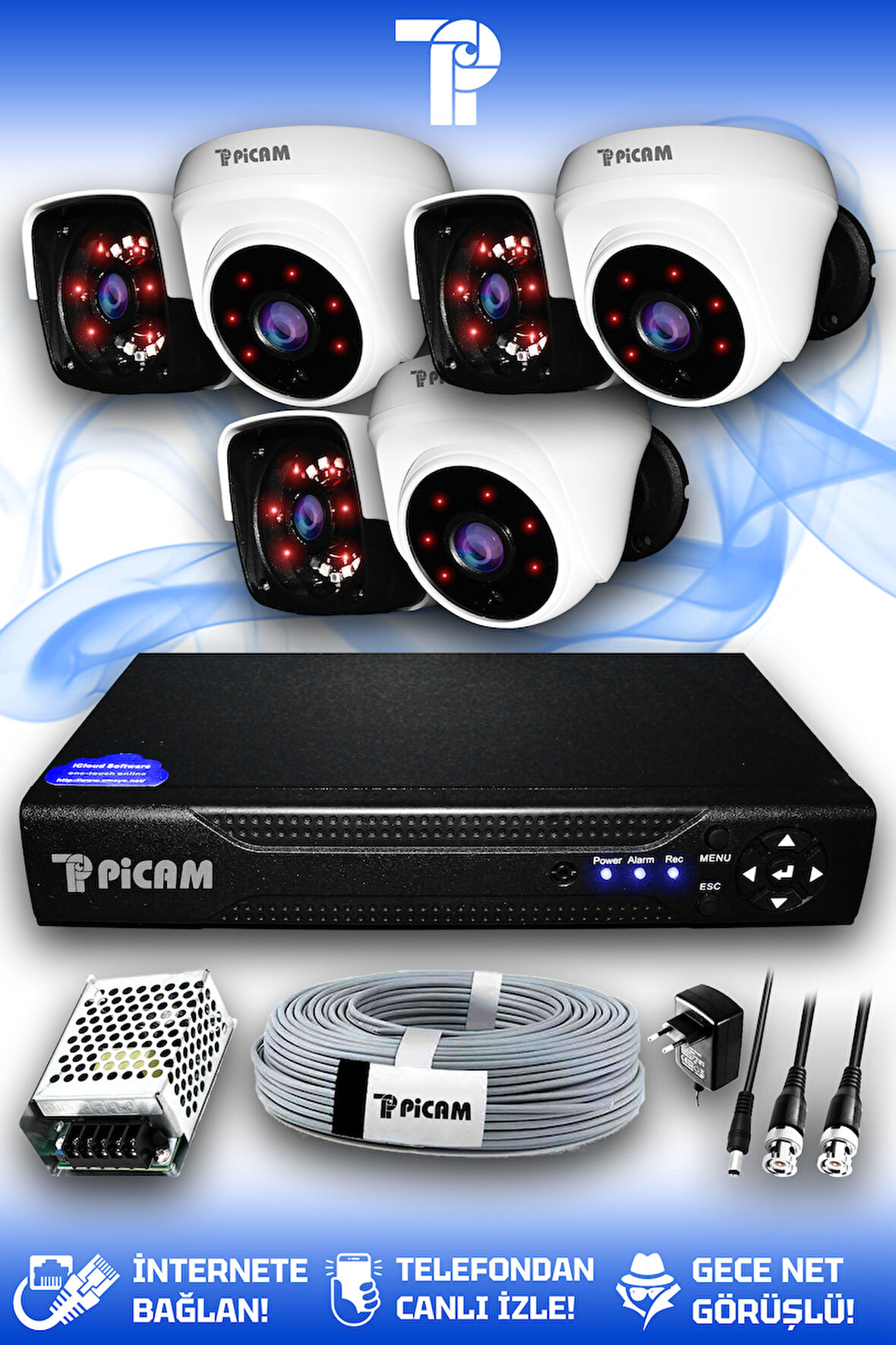 PICAM 6 Kameralı Panda 3 İç Kamera Set HDD'siz Full HD Gece Görüşlü Güvenlik Kamerası Sistemi