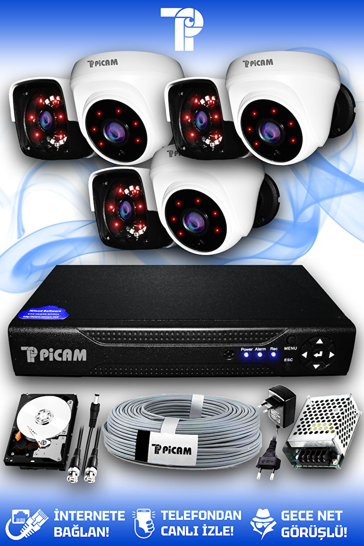 PICAM 6 Kameralı Panda 3 İç Kamera Set 100 GB HDD Full HD Gece Görüşlü Güvenlik Kamerası Sistemi