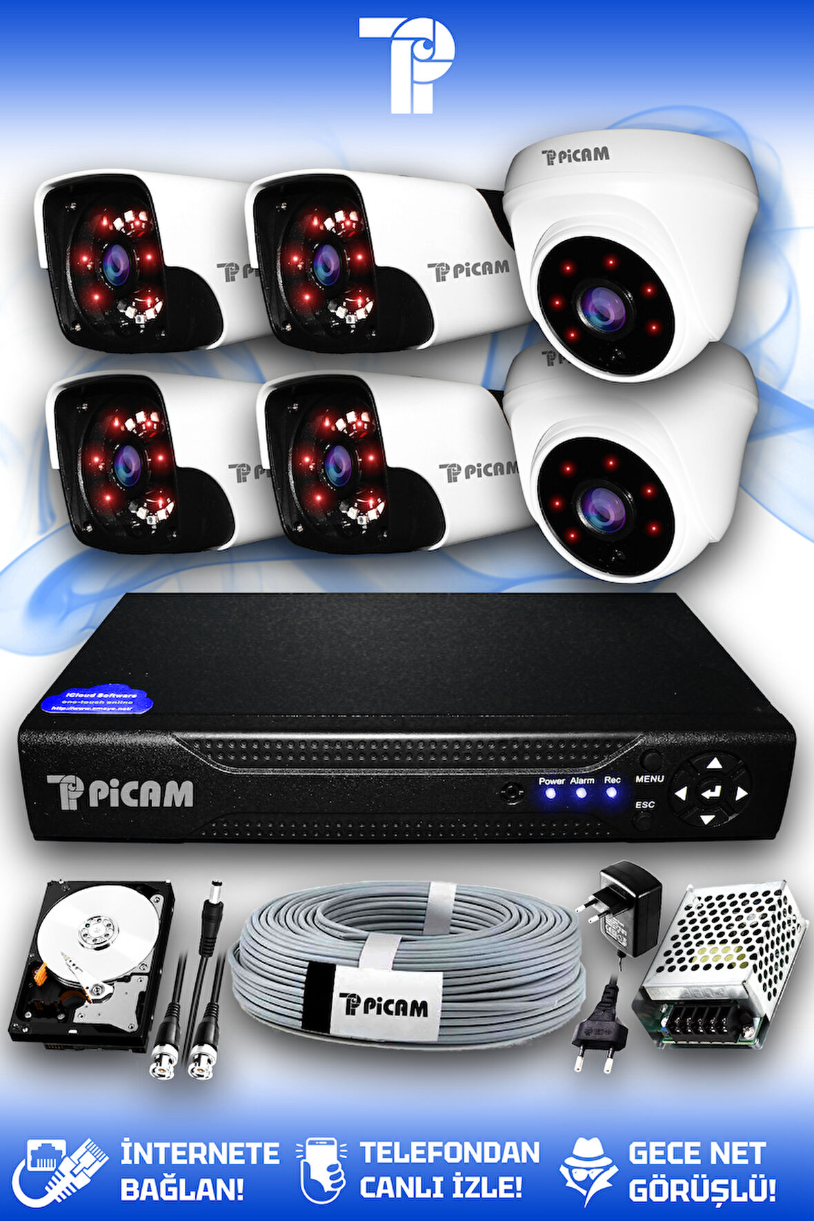 PICAM 6 Kameralı Panda 2 İç Kamera Set 100 GB HDD Full HD Gece Görüşlü Güvenlik Kamerası Sistemi