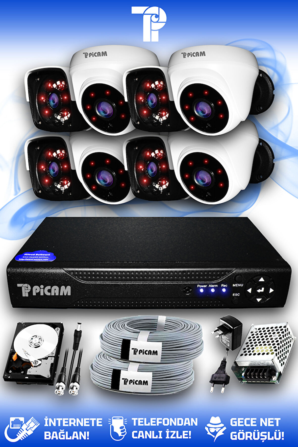 PICAM 8 Kameralı Panda 4 İç Kamera Set 100 GB HDD Full HD Gece Görüşlü Güvenlik Kamerası Sistemi