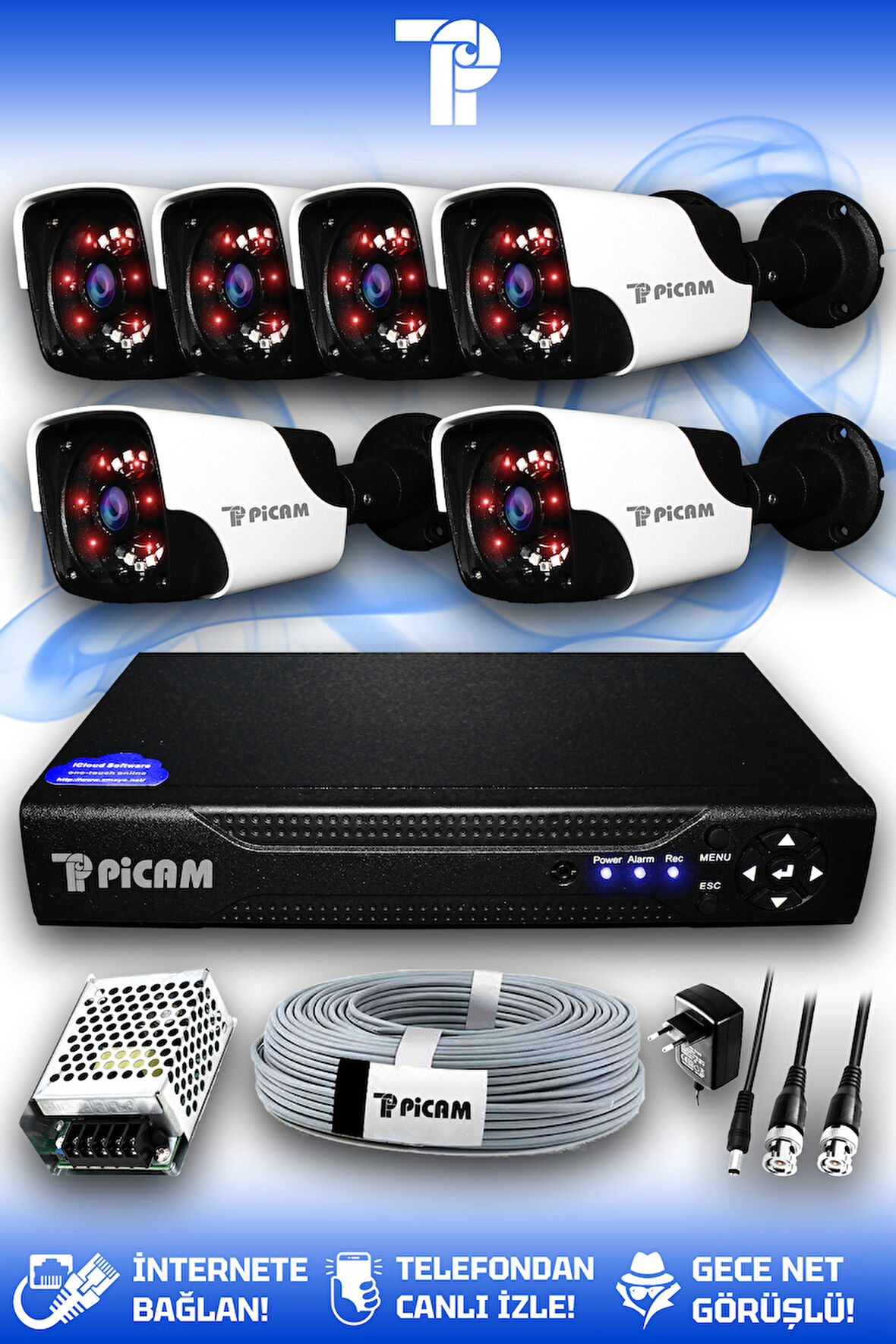 PICAM 6 Kameralı Panda 6 Dış Kamera Set HDD'siz Full HD Gece Görüşlü Güvenlik Kamerası Sistemi