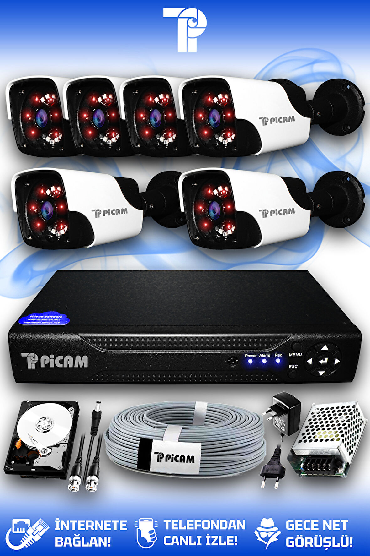 PICAM 6 Kameralı Panda 6 Dış Kamera Set 100 GB HDD Full HD Gece Görüşlü Güvenlik Kamerası Sistemi