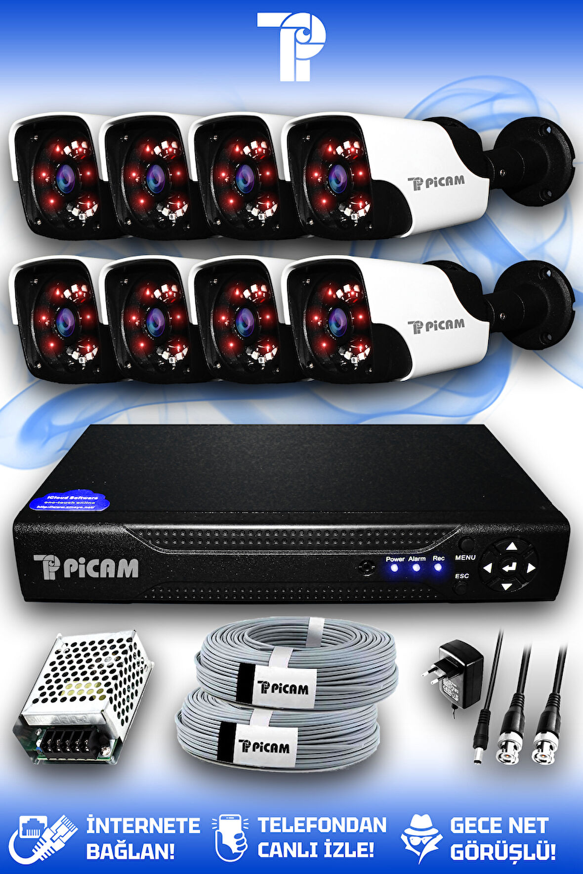 PICAM 8 Kameralı Panda 8 Dış Kamera Set HDD'siz Full HD Gece Görüşlü Güvenlik Kamerası Sistemi