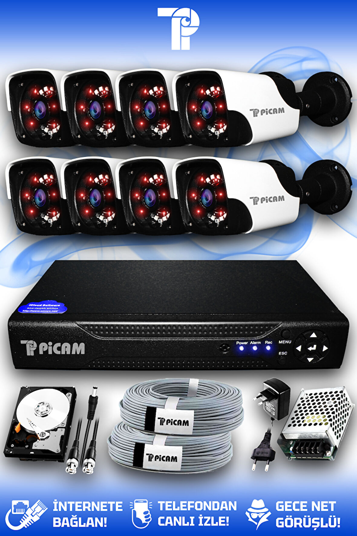 PICAM 8 Kameralı Panda 8 Dış Kamera Set 100 GB HDD Full HD Gece Görüşlü Güvenlik Kamerası Sistemi