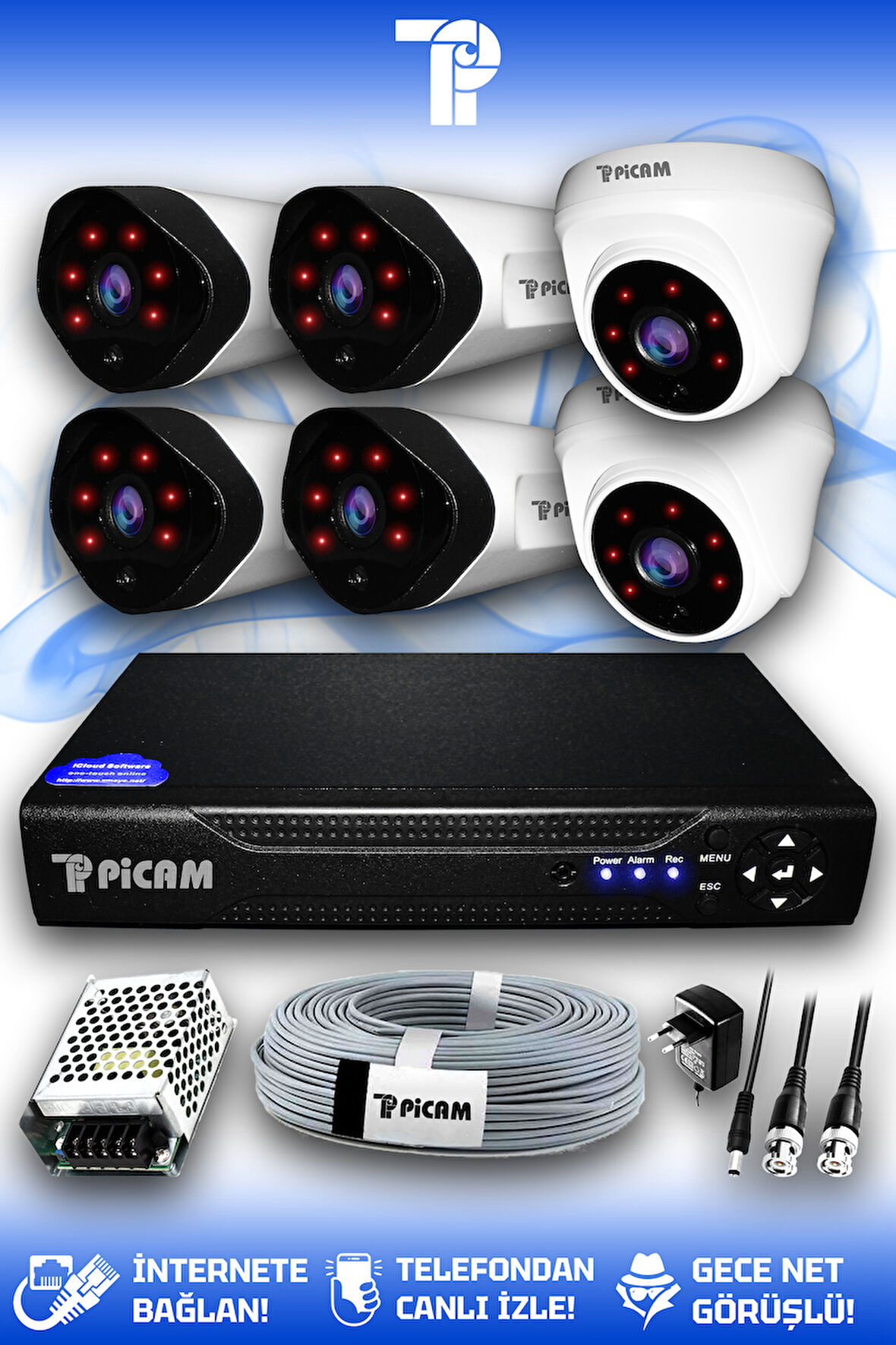 PICAM 6 Kameralı Uzay 2 İç Kamera Set HDD'siz Full HD Gece Görüşlü Güvenlik Kamerası Sistemi