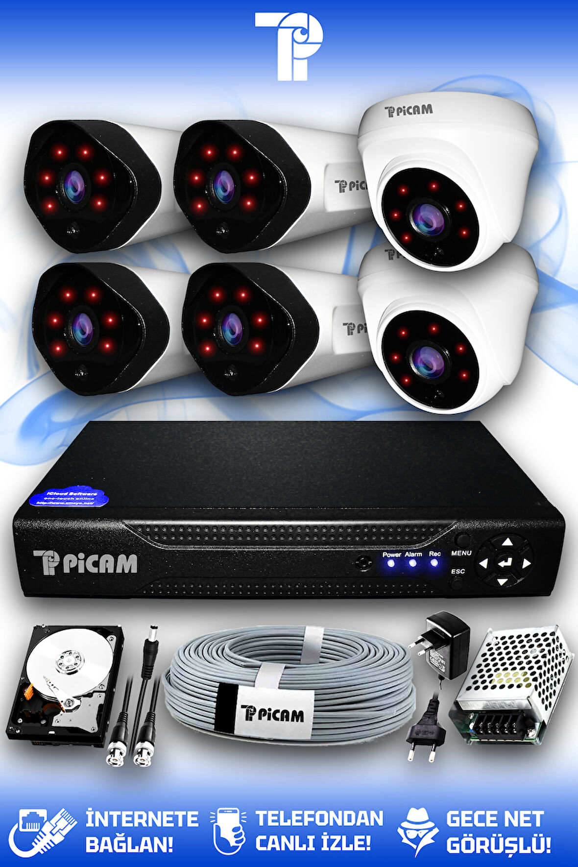 PICAM 6 Kameralı Uzay 2 İç Kamera Set 100 GB HDD Full HD Gece Görüşlü Güvenlik Kamerası Sistemi