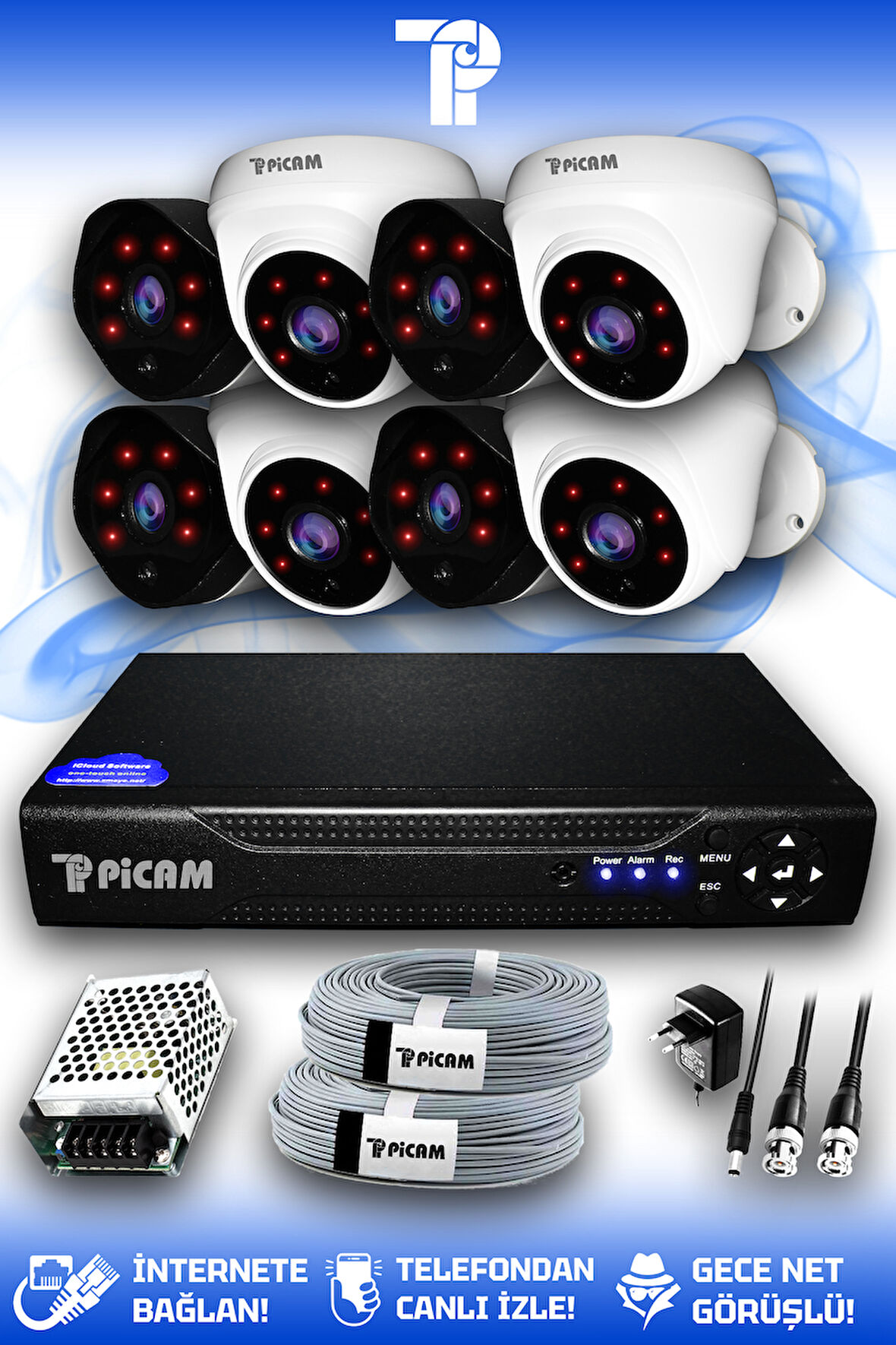PICAM 8 Kameralı Uzay 4 İç Kamera Set HDD'siz Full HD Gece Görüşlü Güvenlik Kamerası Sistemi