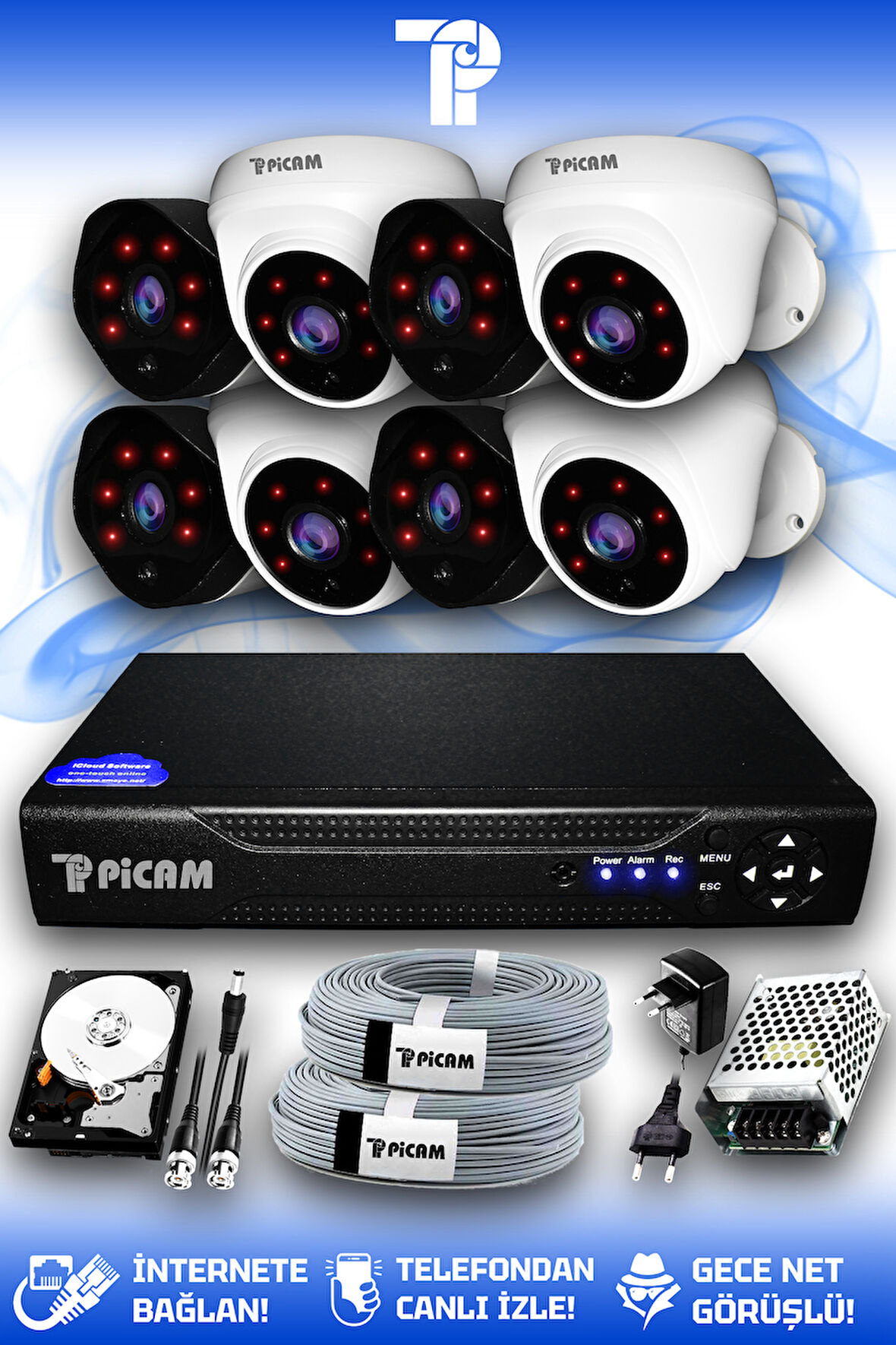 PICAM 8 Kameralı Uzay 4 İç Kamera Set 250 GB HDD Full HD Gece Görüşlü Güvenlik Kamerası Sistemi