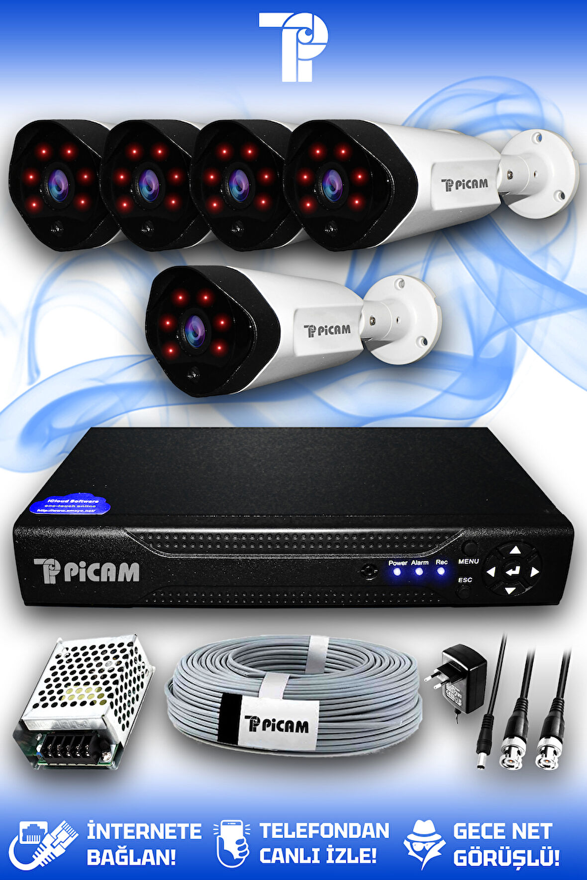 PICAM 5 Kameralı Uzay 5 Dış Kamera Set HDD'siz Full HD Gece Görüşlü Güvenlik Kamerası Sistemi