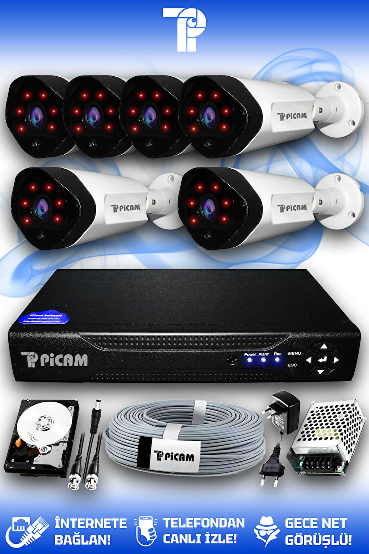 PICAM 6 Kameralı Uzay 6 Dış Kamera Set 100 GB HDD Full HD Gece Görüşlü Güvenlik Kamerası Sistemi