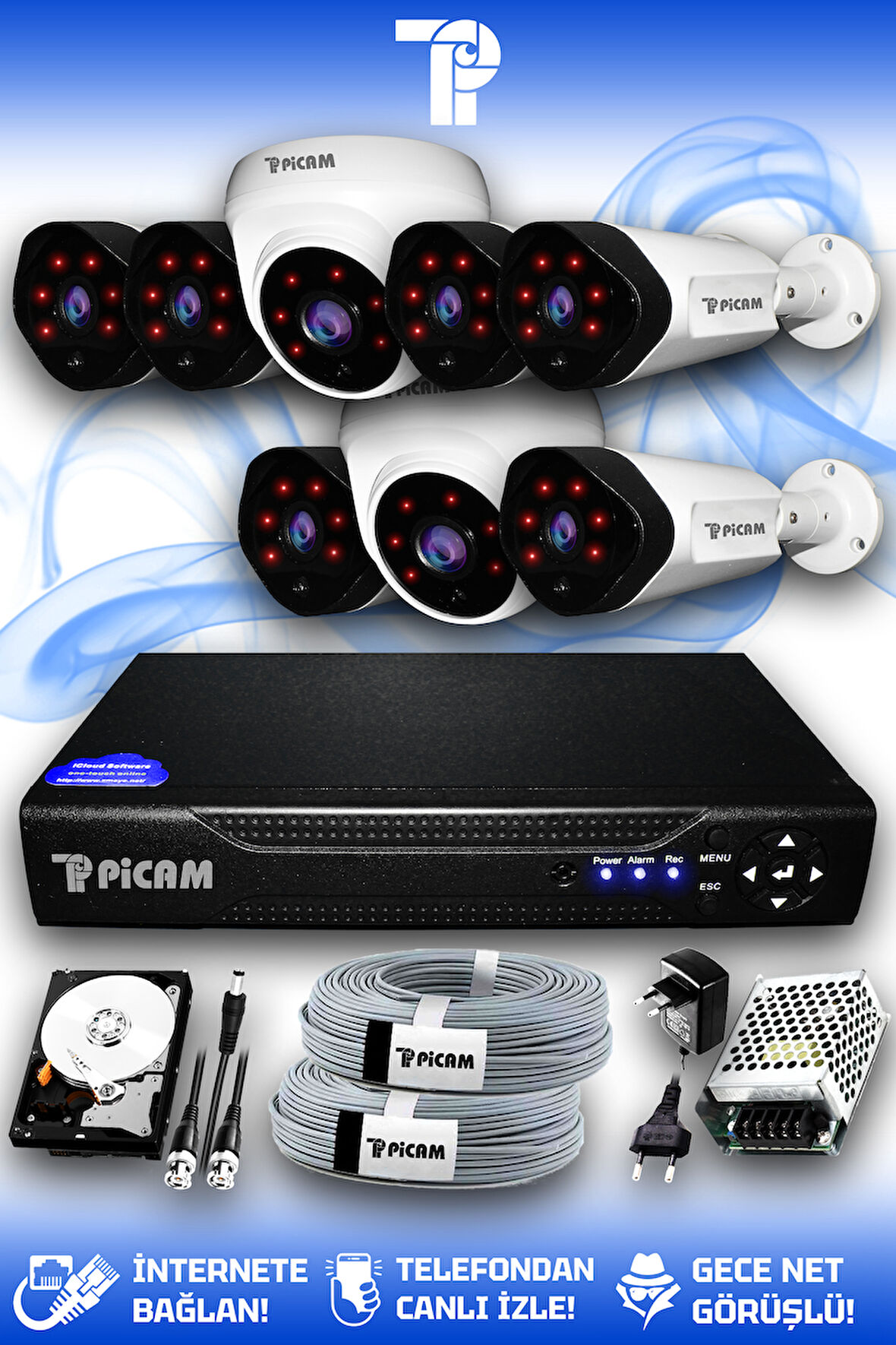 PICAM 8 Kameralı Uzay 2 İç Kamera Set 250 GB HDD Full HD Gece Görüşlü Güvenlik Kamerası Sistemi