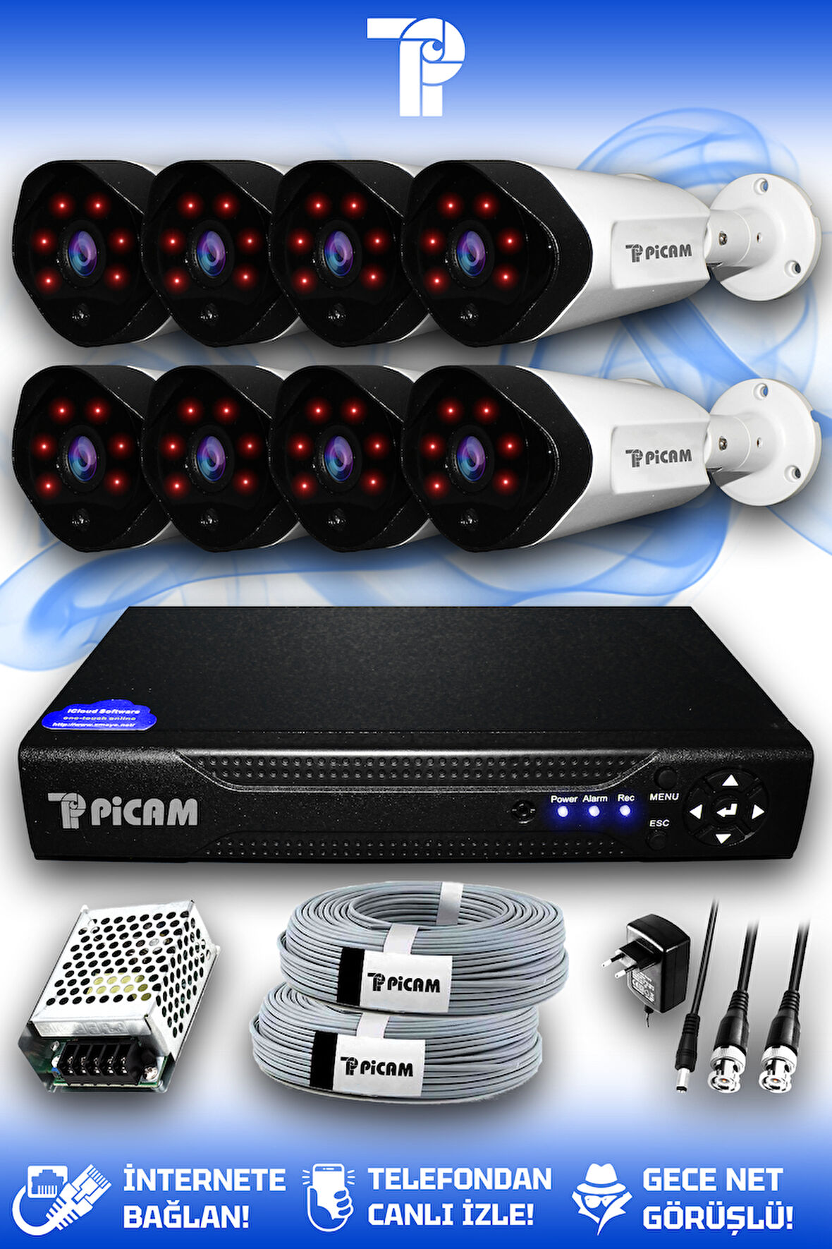PICAM 8 Kameralı Uzay 8 Dış Kamera Set HDD'siz Full HD Gece Görüşlü Güvenlik Kamerası Sistemi
