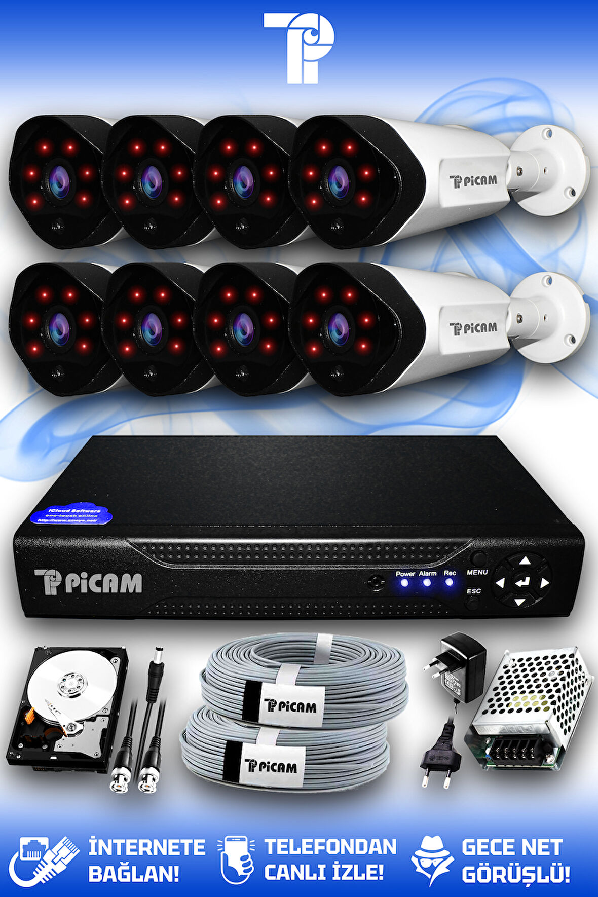PICAM 8 Kameralı Uzay 8 Dış Kamera Set 100 GB HDD Full HD Gece Görüşlü Güvenlik Kamerası Sistemi