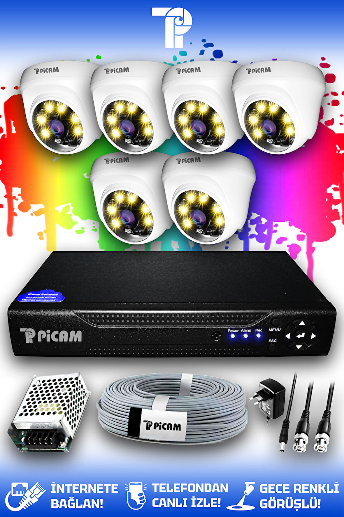 PICAM 6 Kameralı Dome 6 İç Kamera Set HDD'siz Full HD Renkli Gece Görüşlü Güvenlik Kamerası Sistemi