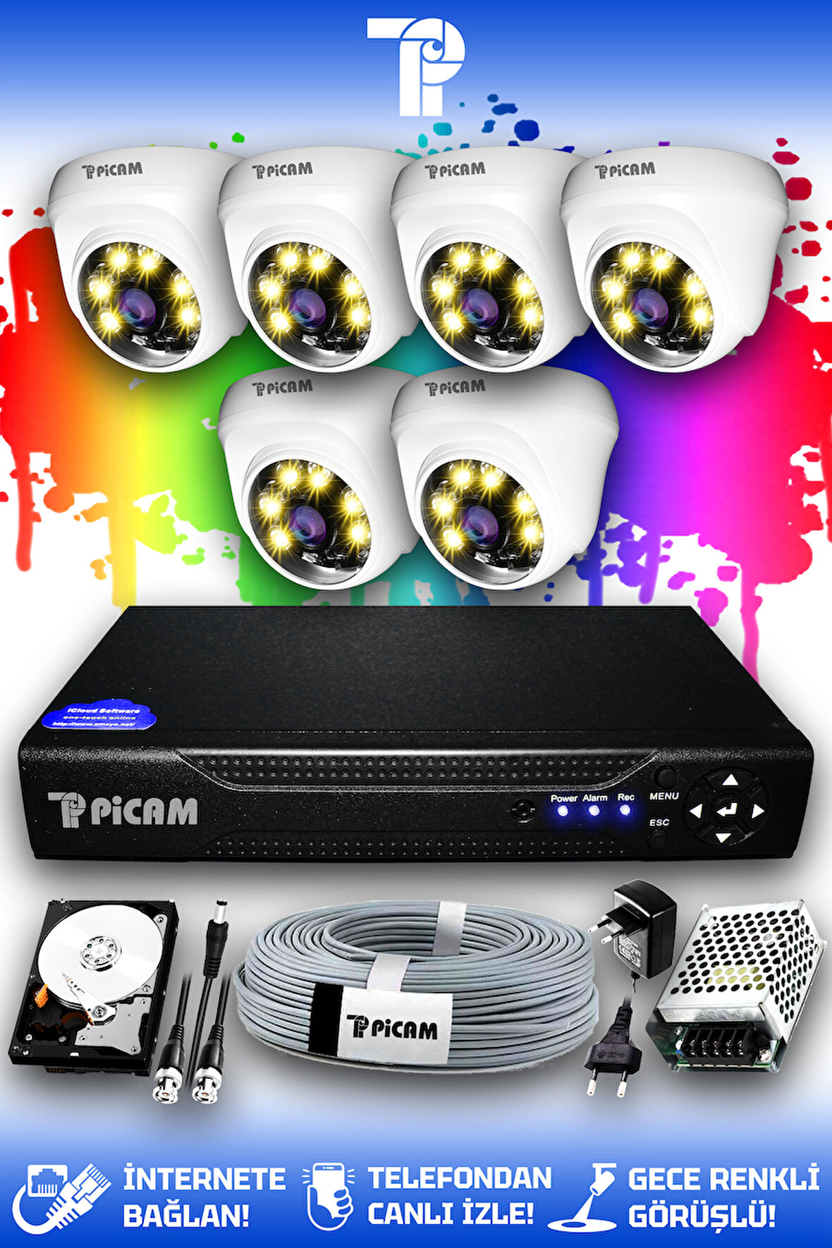 PICAM 6 Kameralı Dome 6 İç Kamera Set 100 GB HDD Full HD Renkli Gece Görüşlü Güvenlik Kamerası Sistemi