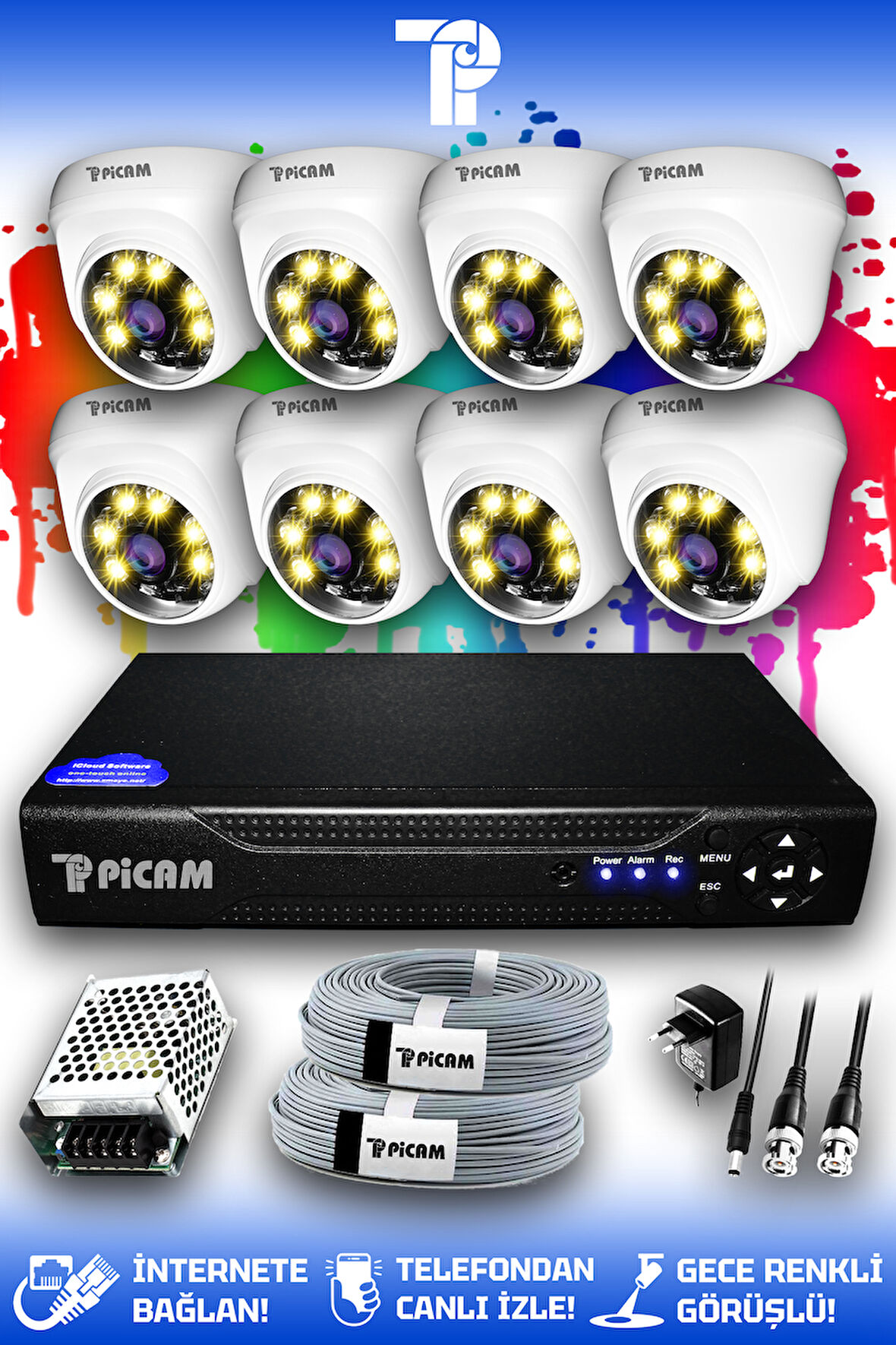 PICAM 8 Kameralı Dome 8 İç Kamera Set HDD'siz Full HD Renkli Gece Görüşlü Güvenlik Kamerası Sistemi