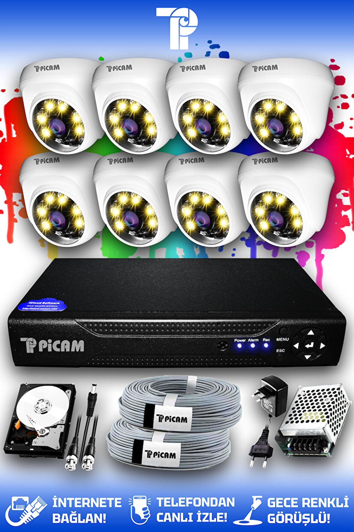 PICAM 8 Kameralı Dome 8 İç Kamera Set 100 GB HDD Full HD Renkli Gece Görüşlü Güvenlik Kamerası Sistemi