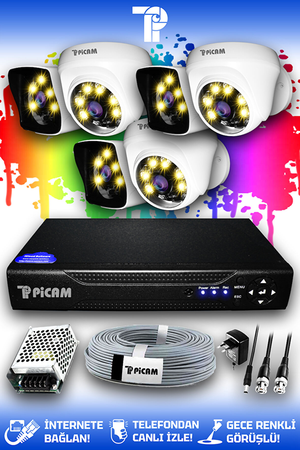 PICAM 6 Kameralı Kare 3 İç Kamera Set HDD'siz Full HD Renkli Gece Görüşlü Güvenlik Kamerası Sistemi