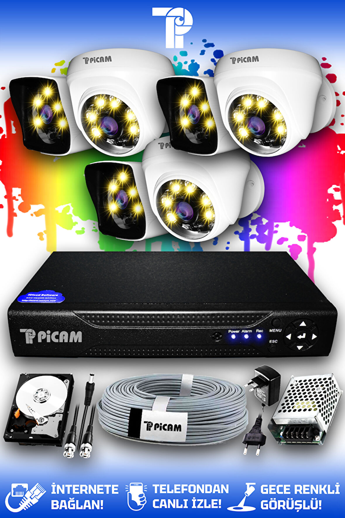 PICAM 6 Kameralı Kare 3 İç Kamera Set 250 GB HDD Full HD Renkli Gece Görüşlü Güvenlik Kamerası Sistemi