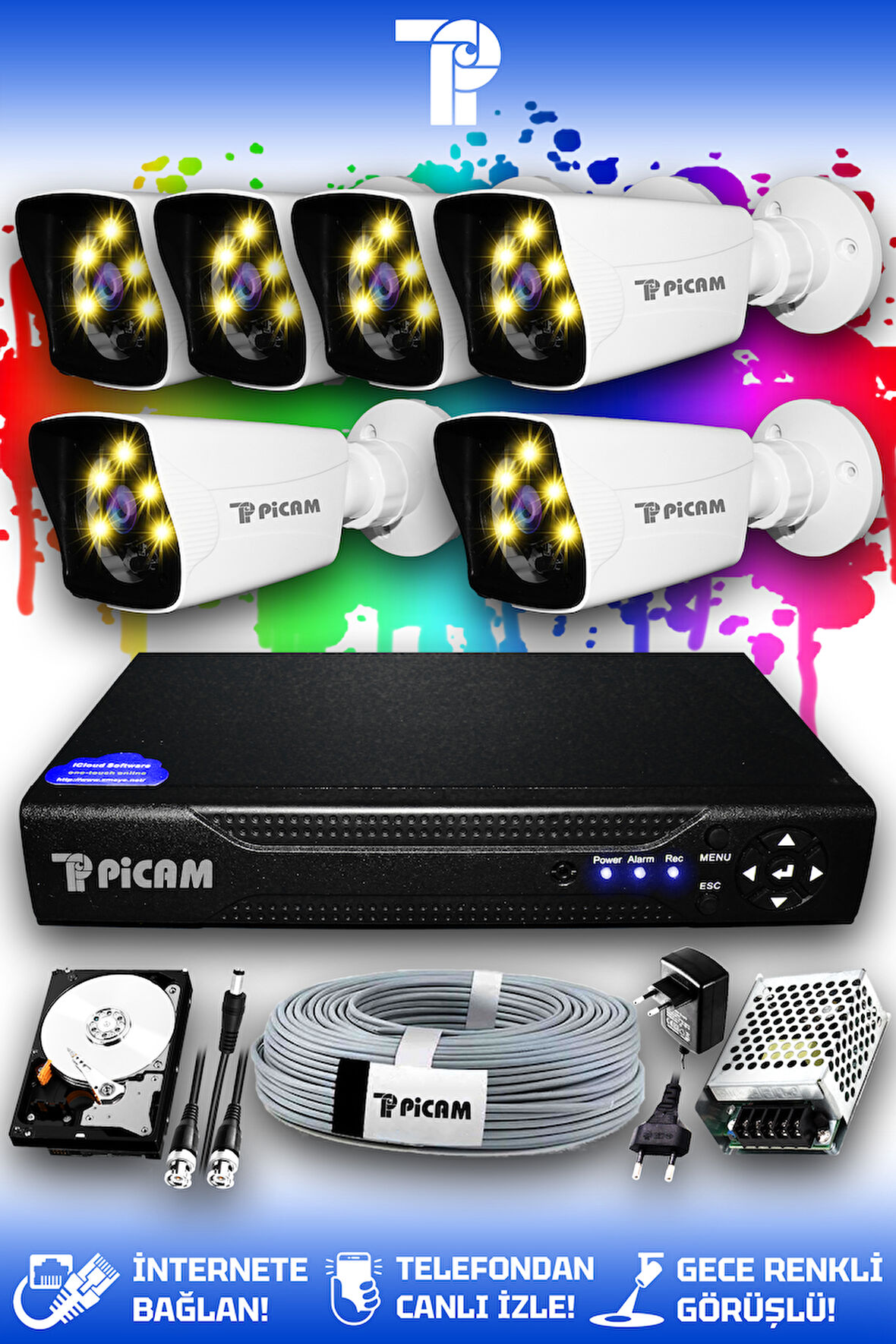 PICAM 6 Kameralı Kare 6 Dış Kamera Set 100 GB HDD Full HD Renkli Gece Görüşlü Güvenlik Kamerası Sistemi