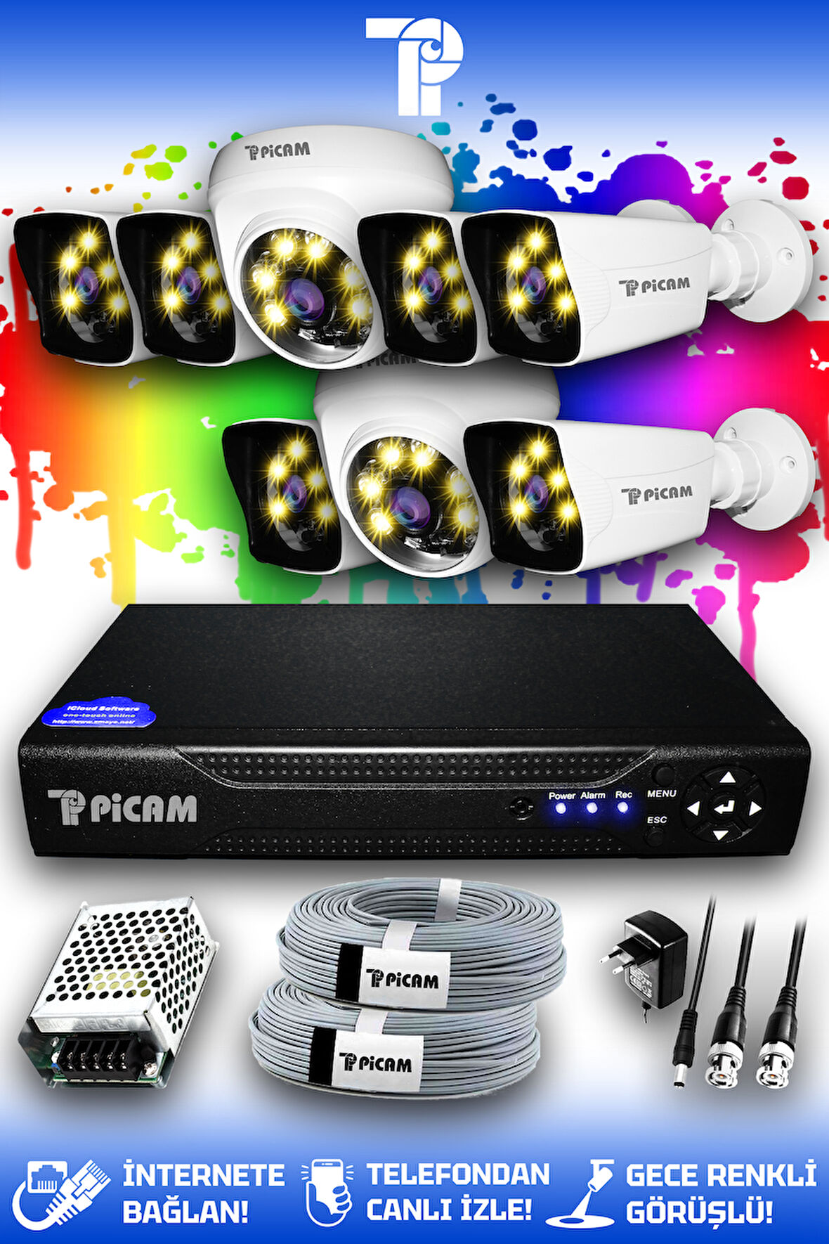 PICAM 8 Kameralı Kare 2 İç Kamera Set HDD'siz Full HD Renkli Gece Görüşlü Güvenlik Kamerası Sistemi