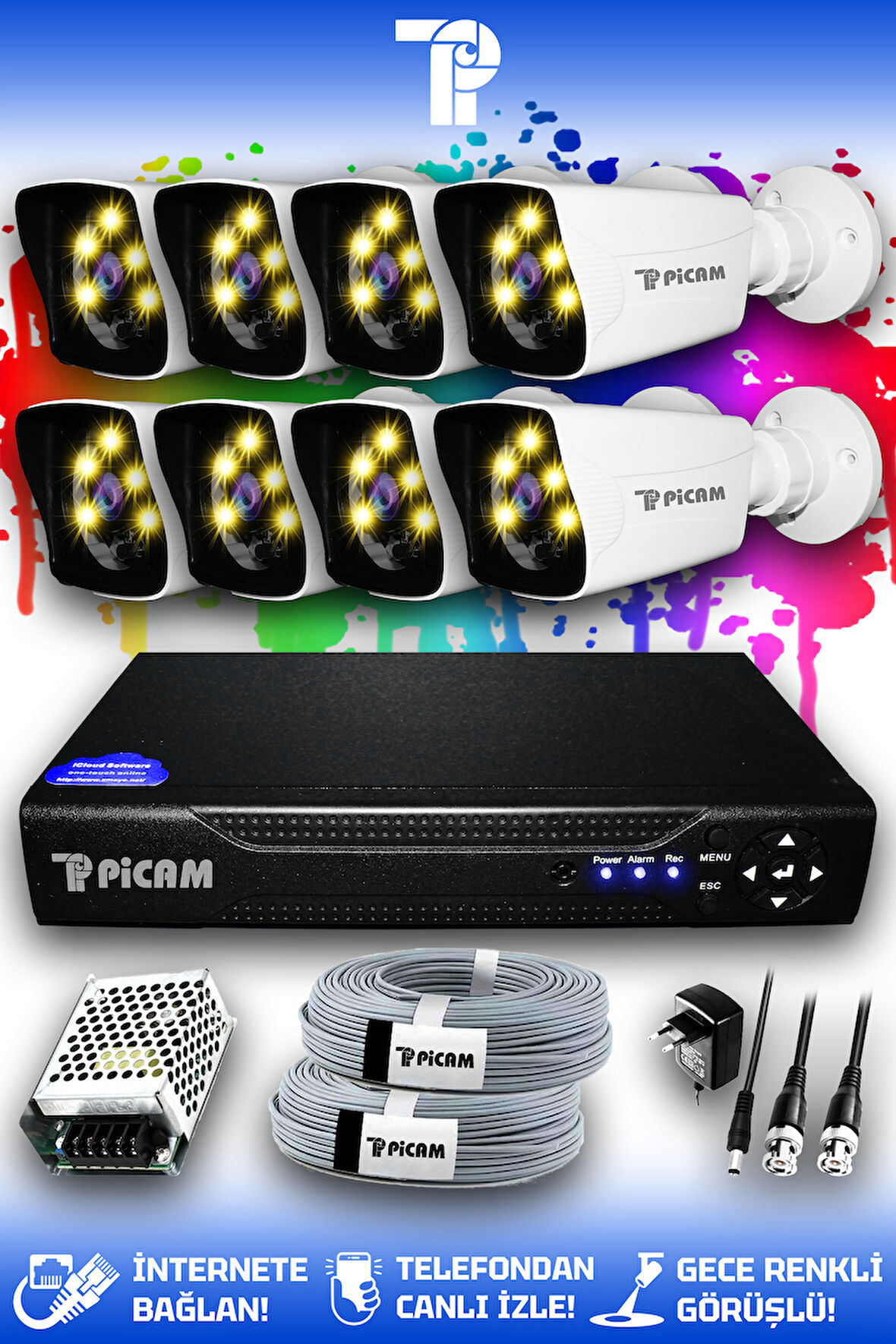 PICAM 8 Kameralı Kare 8 Dış Kamera Set HDD'siz Full HD Renkli Gece Görüşlü Güvenlik Kamerası Sistemi