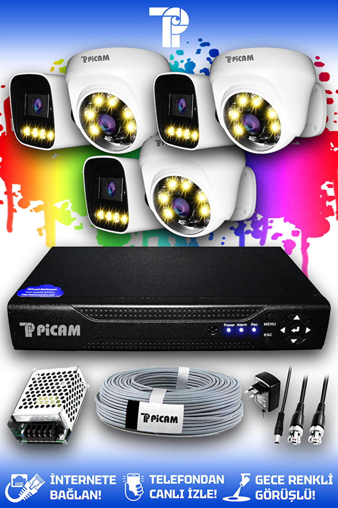 PICAM 6 Kameralı Zebra 3 İç Kamera Set HDD'siz Full HD Renkli Gece Görüşlü Güvenlik Kamerası Sistemi
