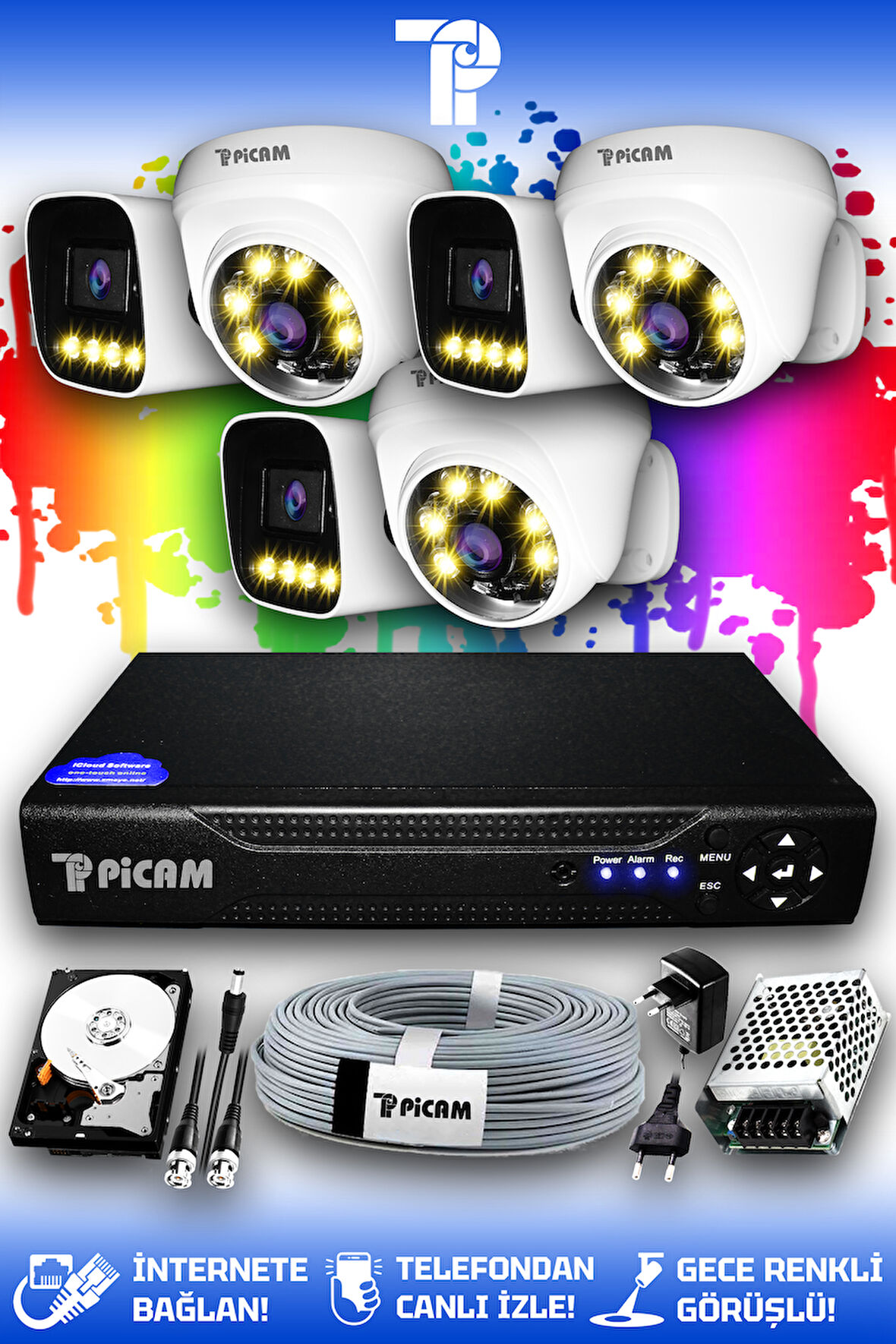 PICAM 6 Kameralı Zebra 3 İç Kamera Set 100 GB HDD Full HD Renkli Gece Görüşlü Güvenlik Kamerası Sistemi
