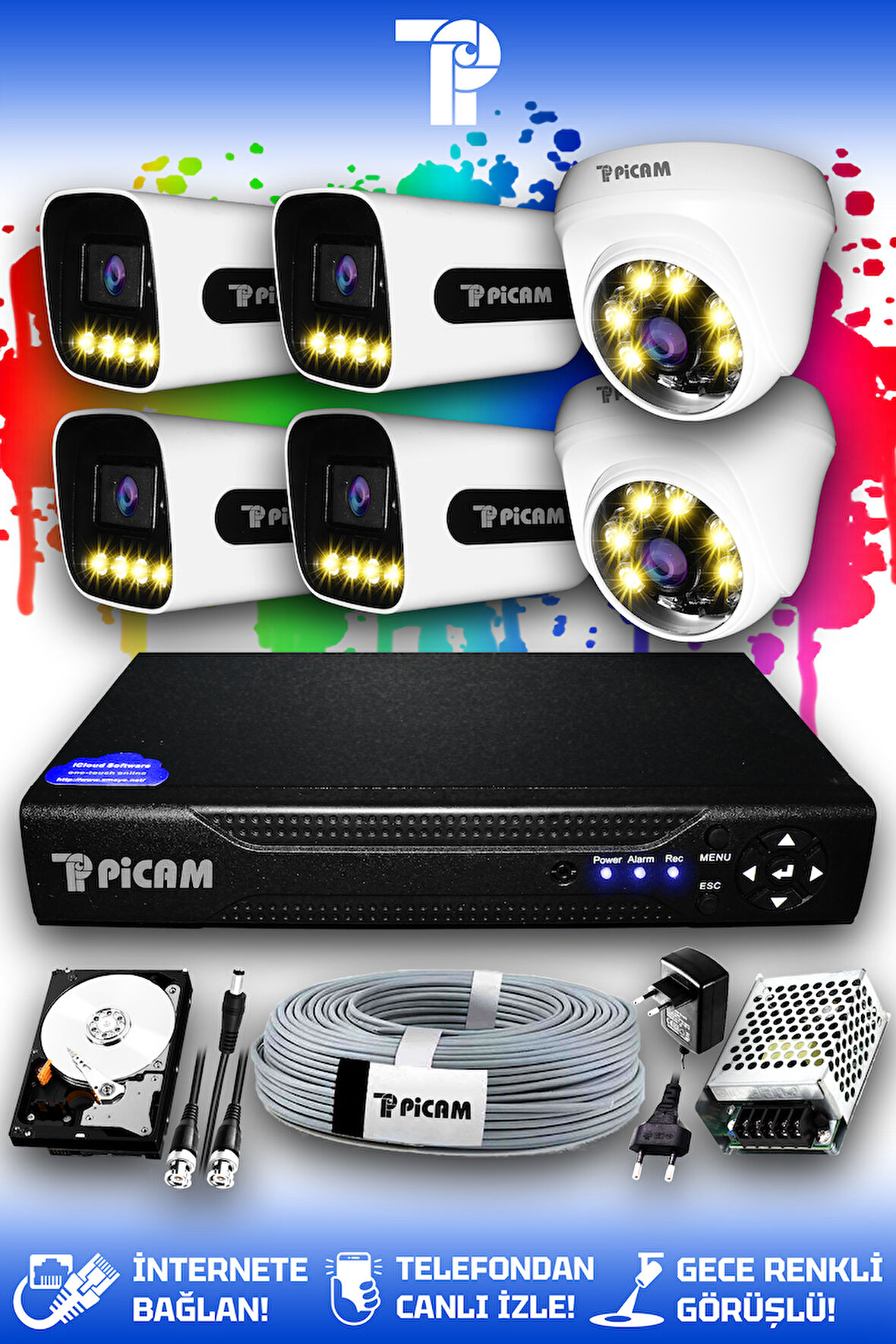 PICAM 6 Kameralı Zebra 2 İç Kamera Set 250 GB HDD Full HD Renkli Gece Görüşlü Güvenlik Kamerası Sistemi