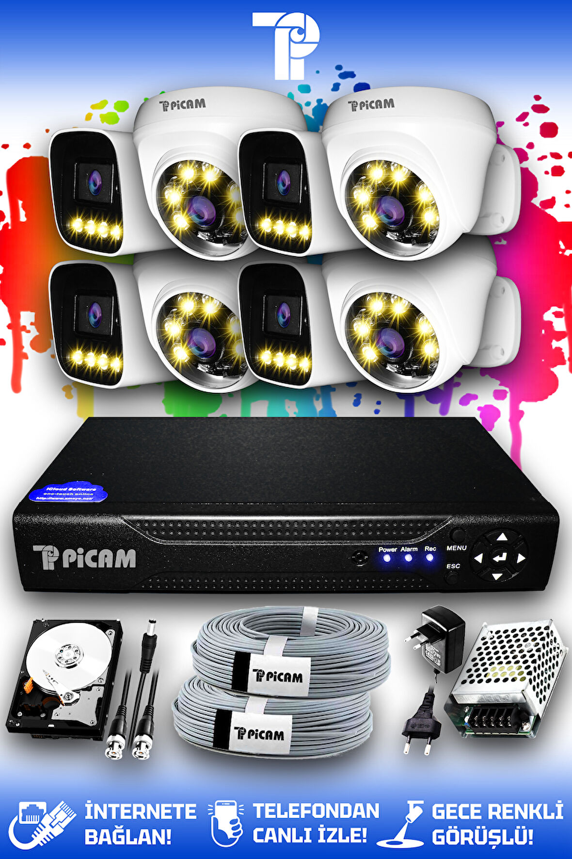 PICAM 8 Kameralı Zebra 4 İç Kamera Set 100 GB HDD Full HD Renkli Gece Görüşlü Güvenlik Kamerası Sistemi