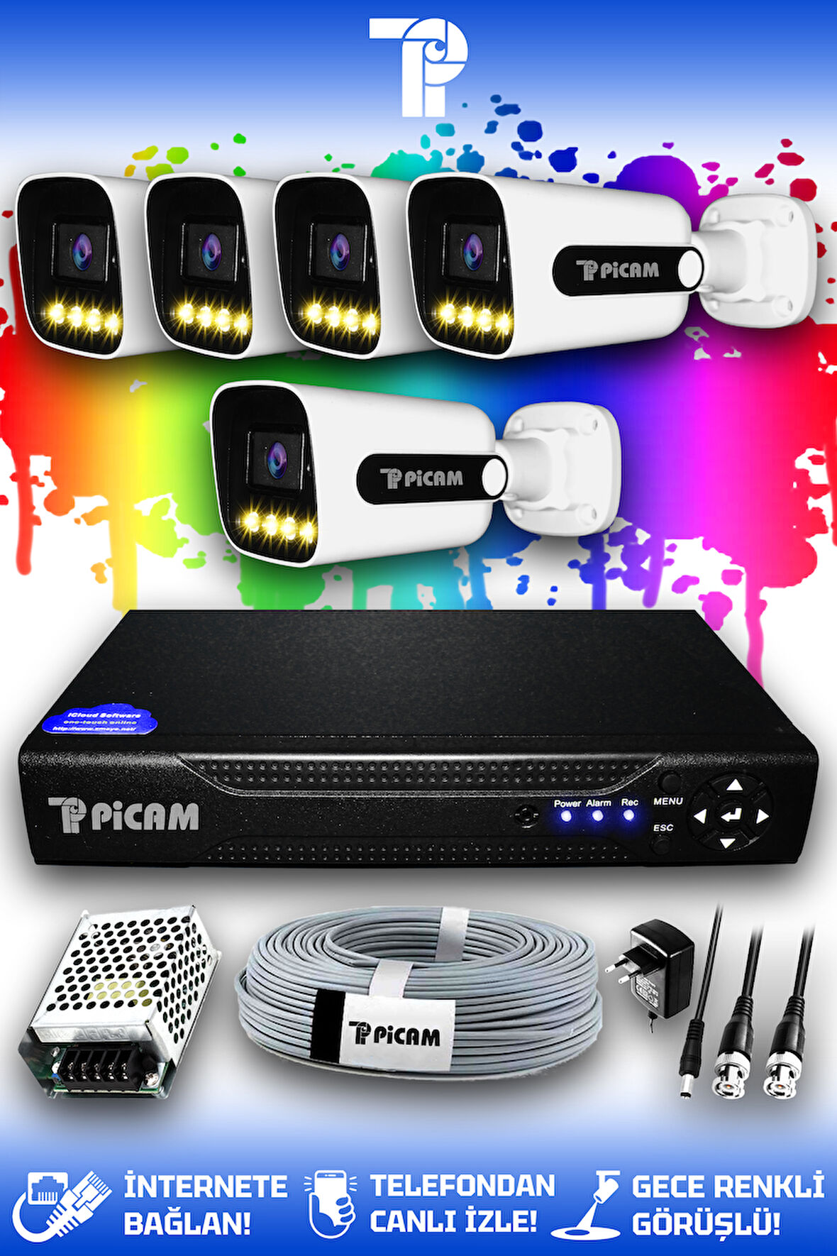 PICAM 5 Kameralı Zebra 5 Dış Kamera Set HDD'siz Full HD Renkli Gece Görüşlü Güvenlik Kamerası Sistemi