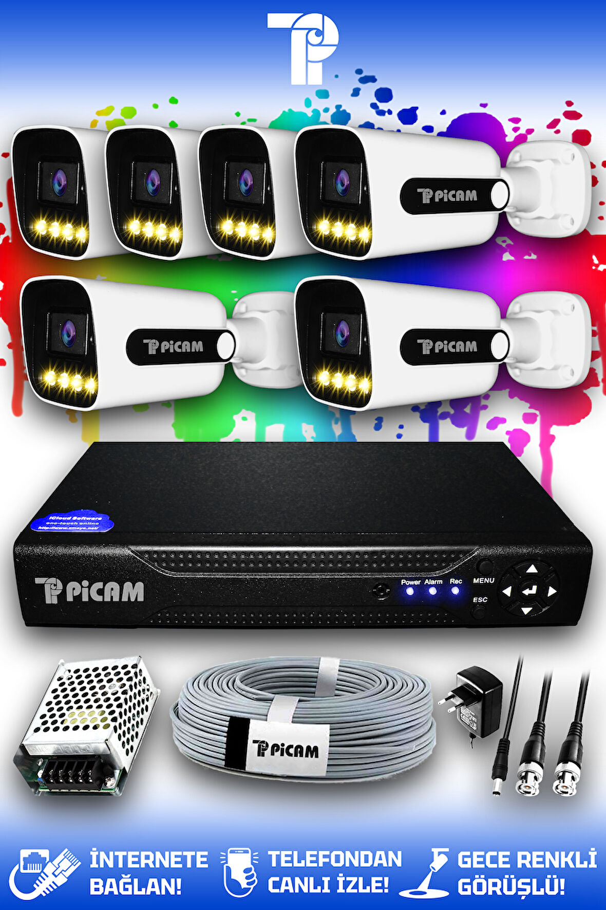 PICAM 6 Kameralı Zebra 6 Dış Kamera Set HDD'siz Full HD Renkli Gece Görüşlü Güvenlik Kamerası Sistemi