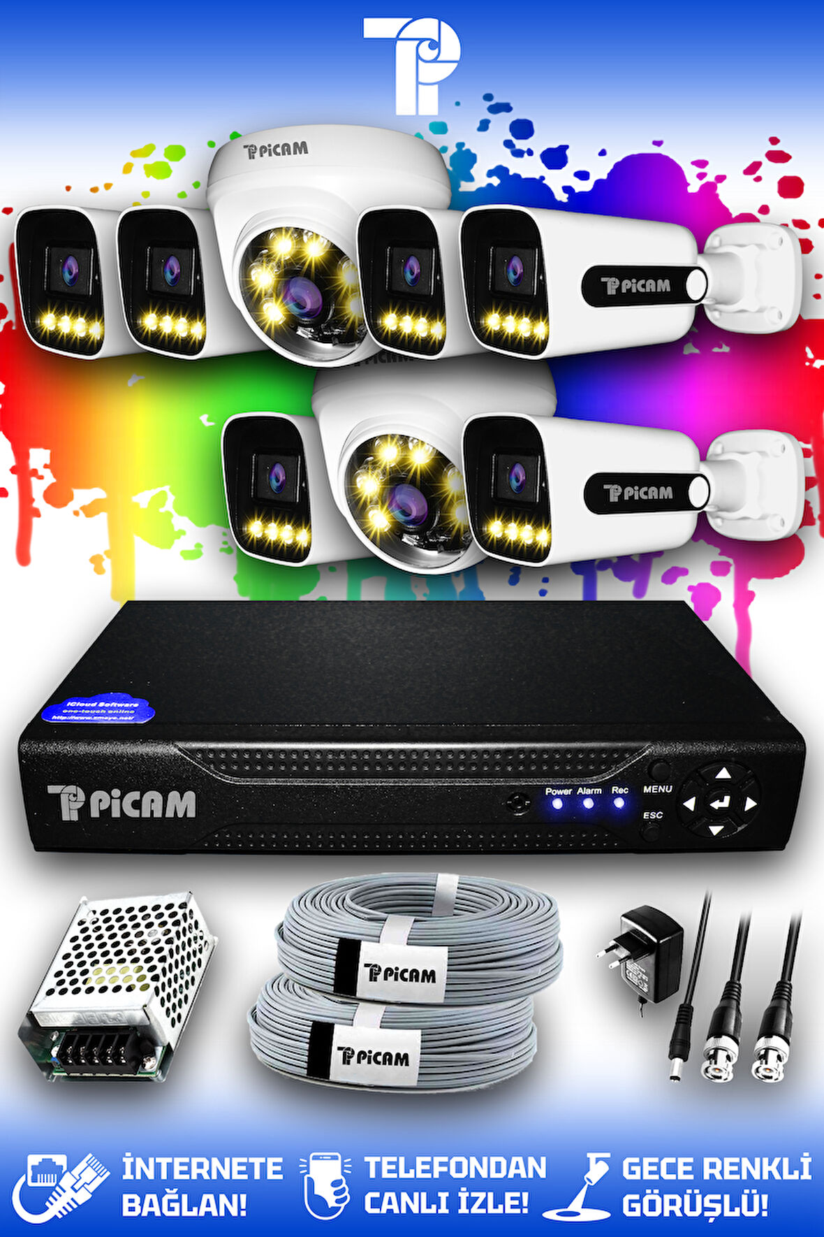 PICAM 8 Kameralı Zebra 2 İç Kamera Set HDD'siz Full HD Renkli Gece Görüşlü Güvenlik Kamerası Sistemi