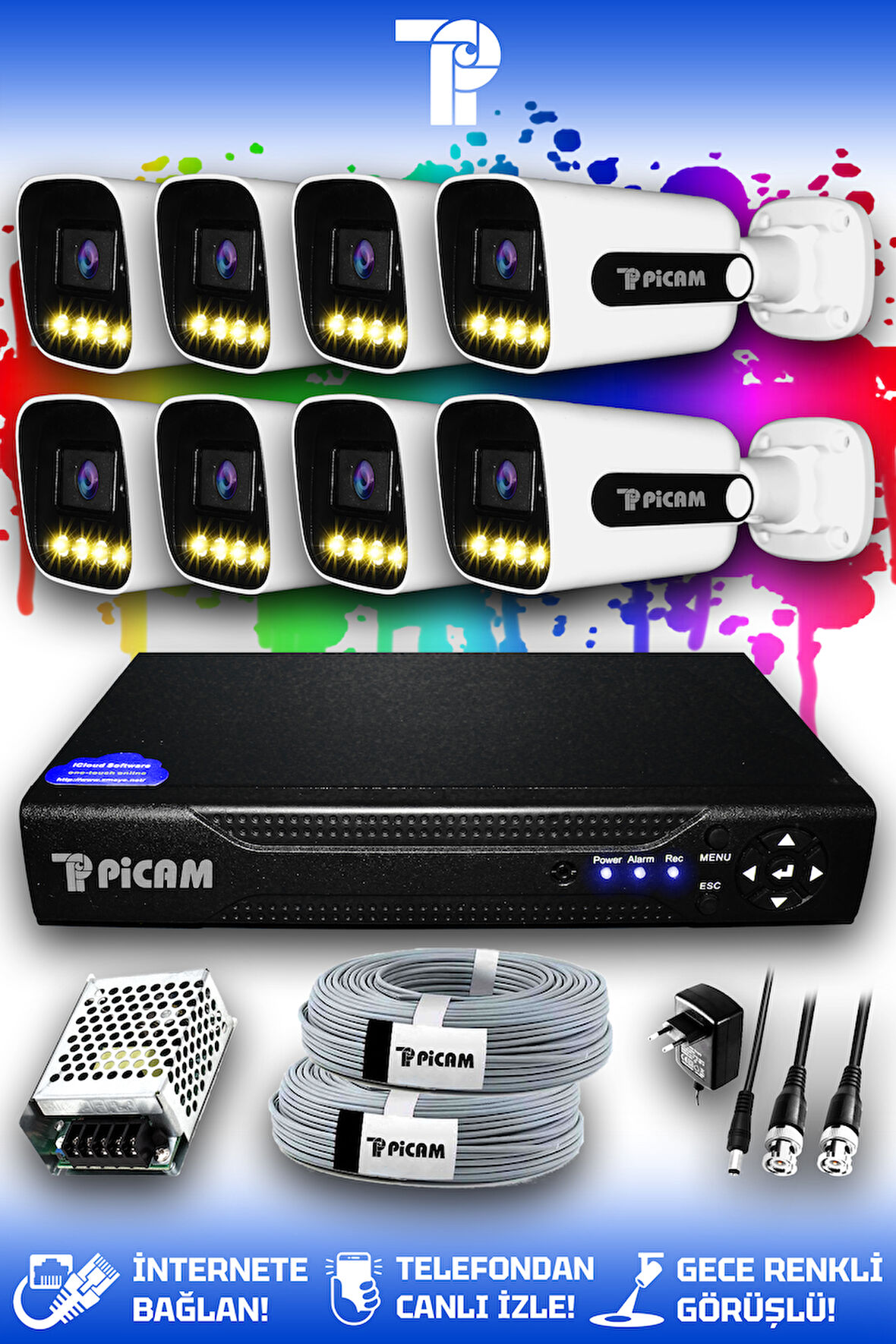 PICAM 8 Kameralı Zebra 8 Dış Kamera Set HDD'siz Full HD Renkli Gece Görüşlü Güvenlik Kamerası Sistemi