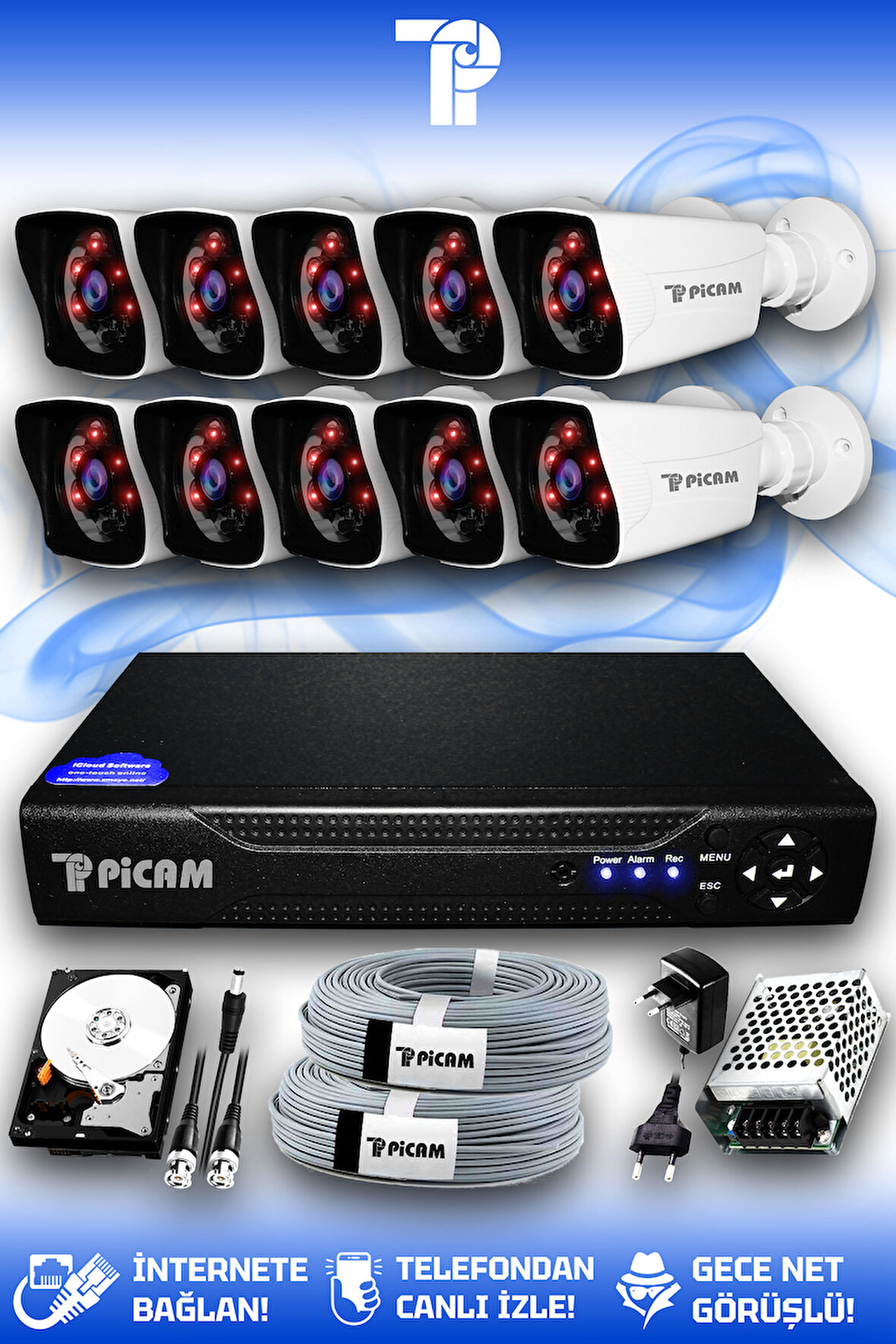 PICAM 10 Kameralı Kare 10 Dış Kamera Set 1 TB HDD Full HD Gece Görüşlü Güvenlik Kamerası Sistemi