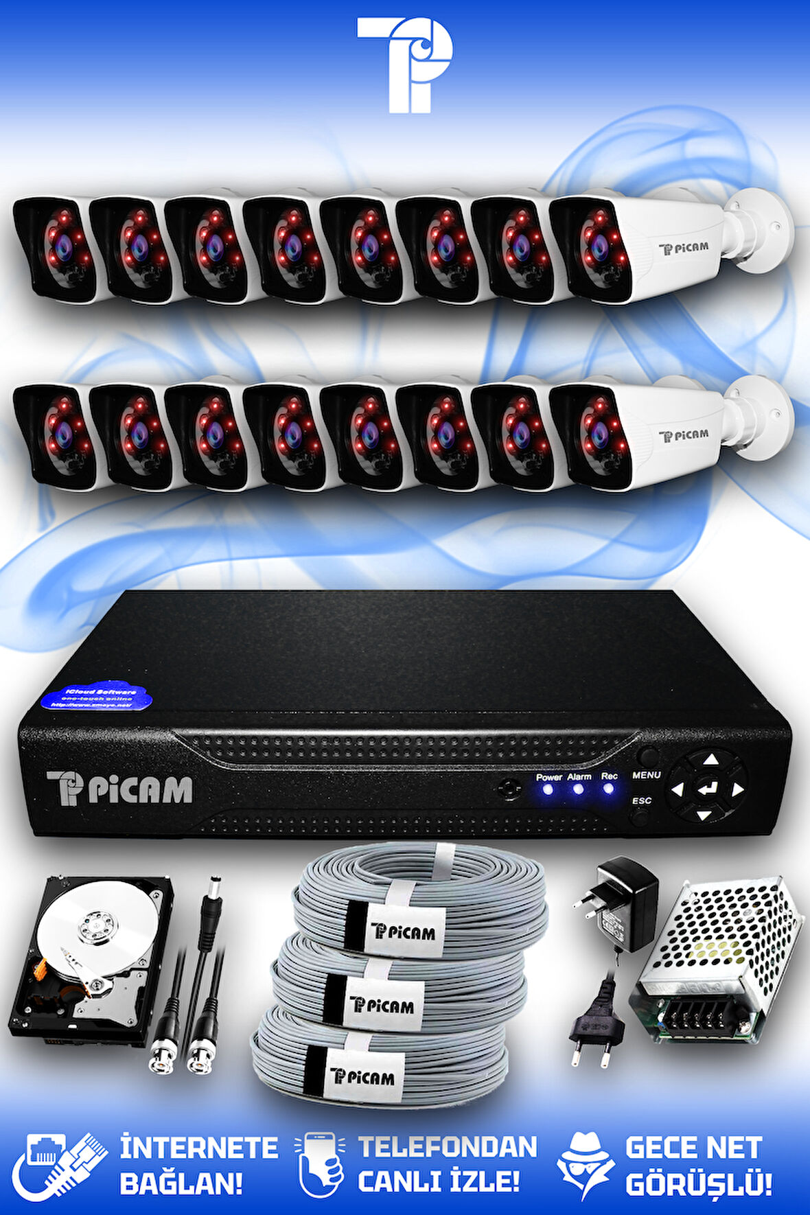 PICAM 16 Kameralı Kare 16 Dış Kamera Set 100 GB HDD Full HD Gece Görüşlü Güvenlik Kamerası Sistemi