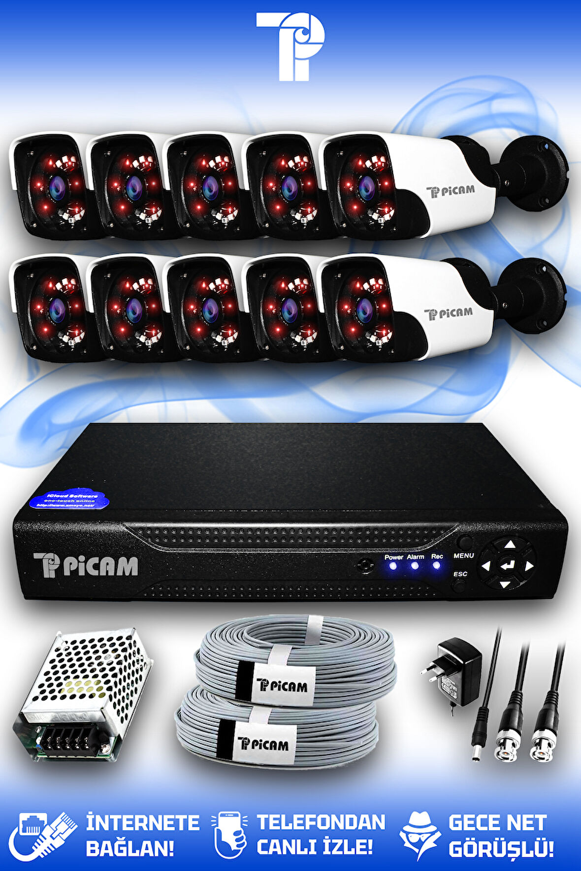 PICAM 10 Kameralı Panda 10 Dış Kamera Set HDD'siz Full HD Gece Görüşlü Güvenlik Kamerası Sistemi