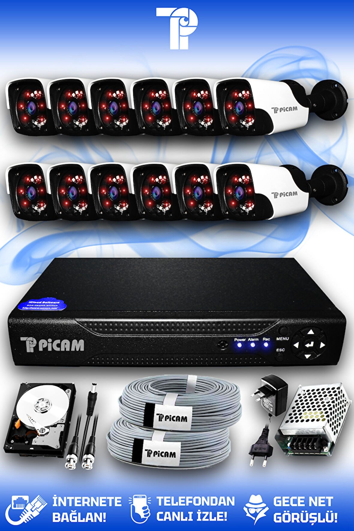 PICAM 12 Kameralı Panda 12 Dış Kamera Set 100 GB HDD Full HD Gece Görüşlü Güvenlik Kamerası Sistemi